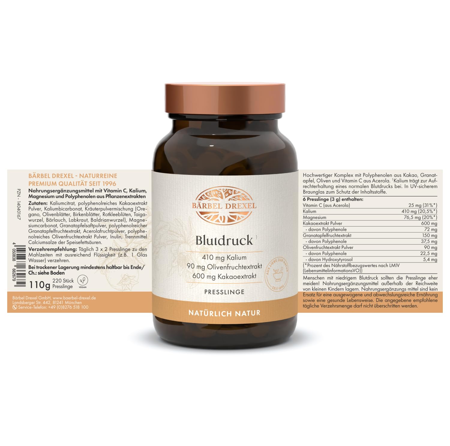 Blutdruck Tabletten I Rein pflanzlicher Wirstoff-Komplex aus natürlich gewonnenem Kalium, Kakao, Kräuter, Oliven, Granatapfel, Acerola (220 Stk) Naturheilkunde Kalium Tabletten BÄRBEL DREXEL®