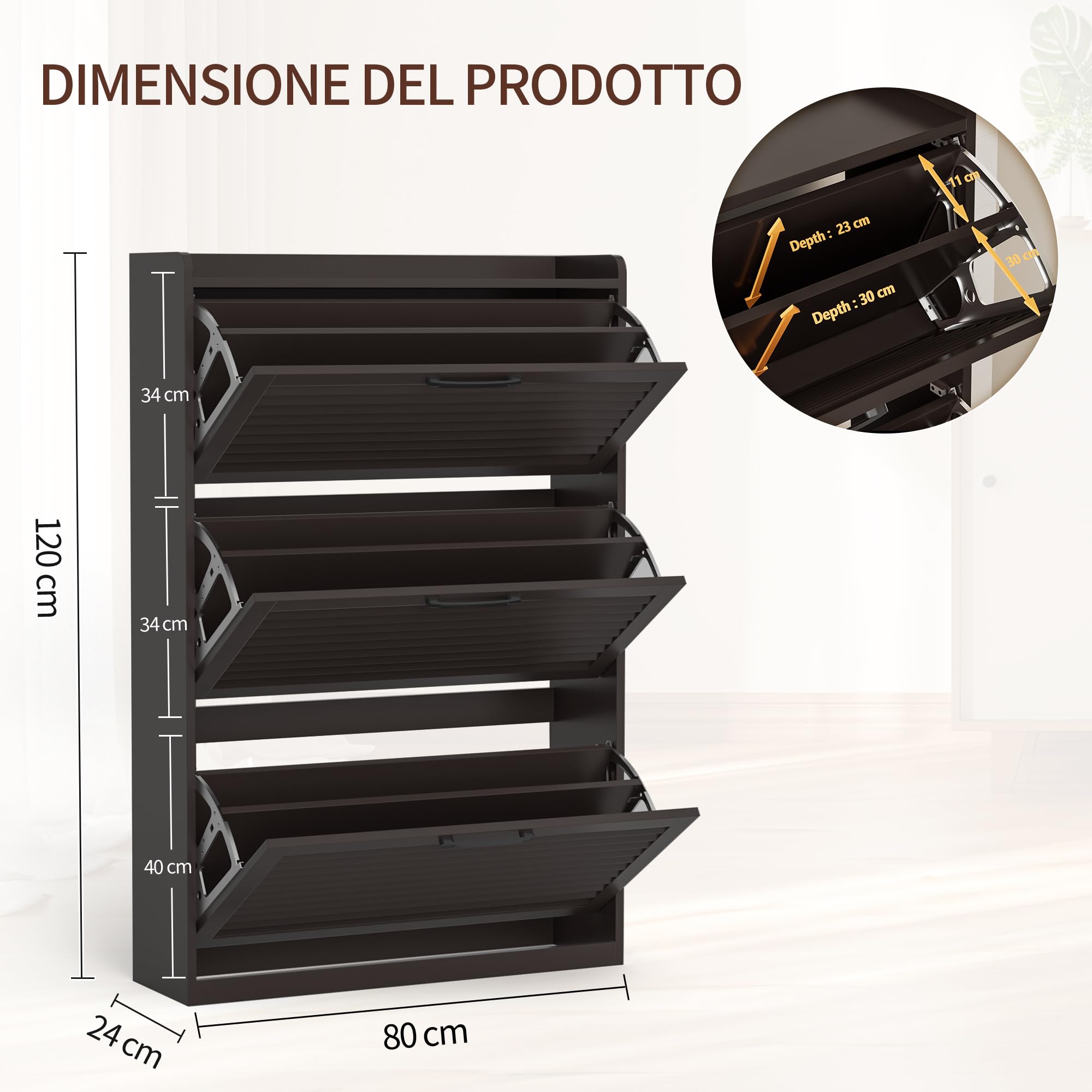BonVache Scarpiera stretta, con porta lamellare, scarpiera con 3 alette, scarpiera con 6 ripiani regolabili, in legno per corridoio, 80 x 24 x 120 cm, marrone caffè