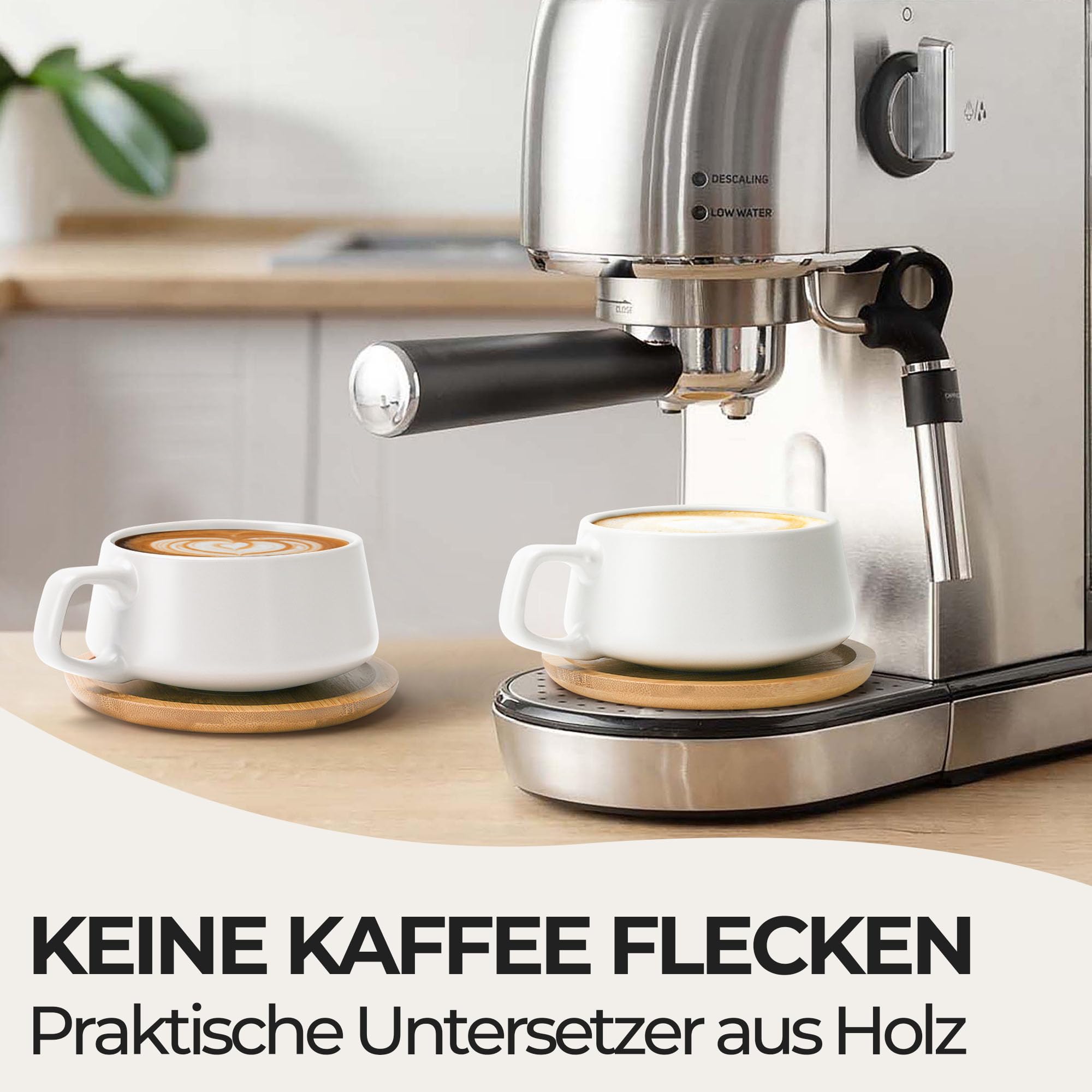 MIAMIO - 4 x 320 ml Kaffeetassen/Cappuccino Tassen mit Unterteller/elegant/modern/Kaffeebecher aus Steingut - Luxe Kollektion 4er Set (Cremeweiß)