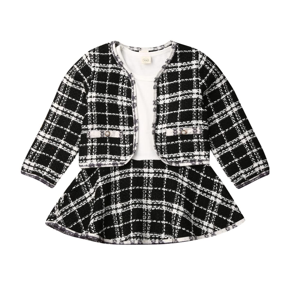 LXXIASHI 2PCS Infant Baby Girl Long Sleeve Cardigan + Long Sleeve Patchwork Dress Plaid Clothes Set (Black White, 6-12M)