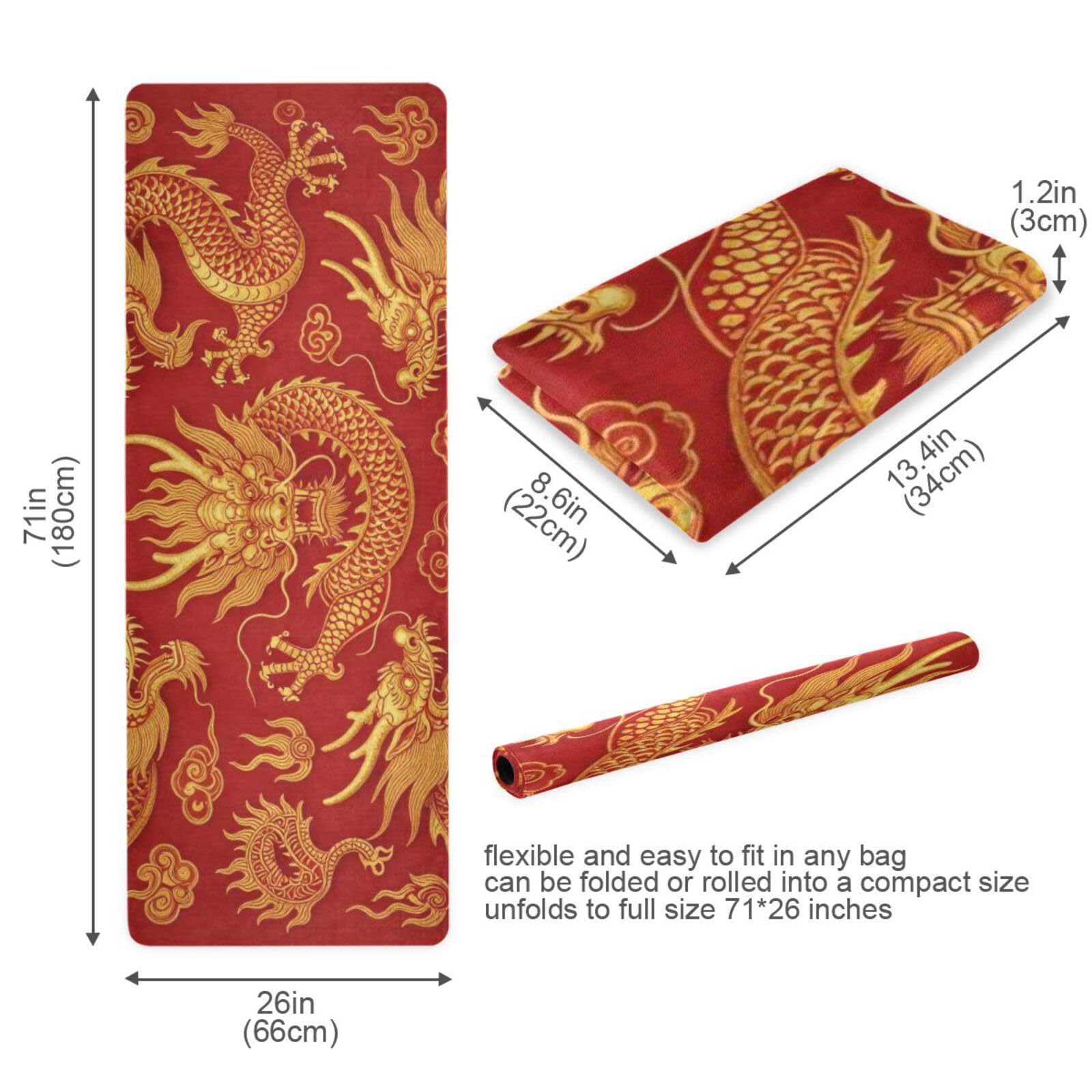 Alfombrillas de yoga impresas de lujo con diseño de dragón chino dorado y rojo, grosor de 1 mm de grosor, antideslizante, con bolsa de yoga para ejercicio, 180 x 66 cm