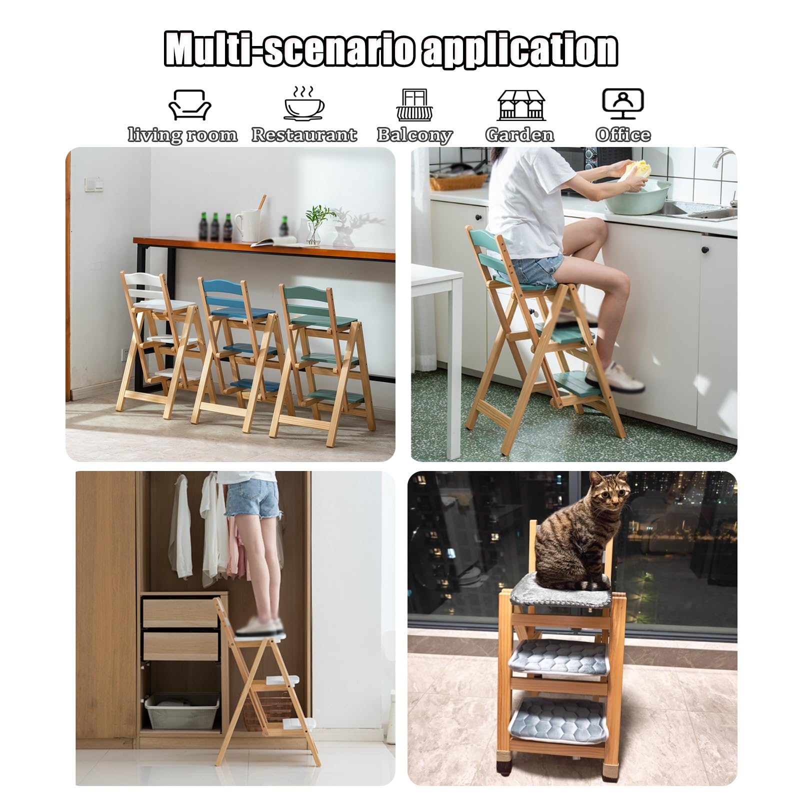 Sgabello da Bar Pieghevole in Legno massello, Alto, Stile retrò, con gradini, per Cucina, Multifunzionale, con Scala a 3 gradini in Legno, Decorativo, Portatile, Pieghevole e con ripiano por