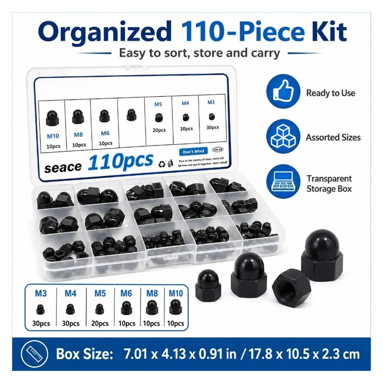 Sechskant Hutmutter Edelstahl Schwarze Nylon-Hutmutter | Sortiment M3-M10 Kuppel-Sechskantmuttern-Set, Box for Bolzen, Schrauben, DIY-Reparatur