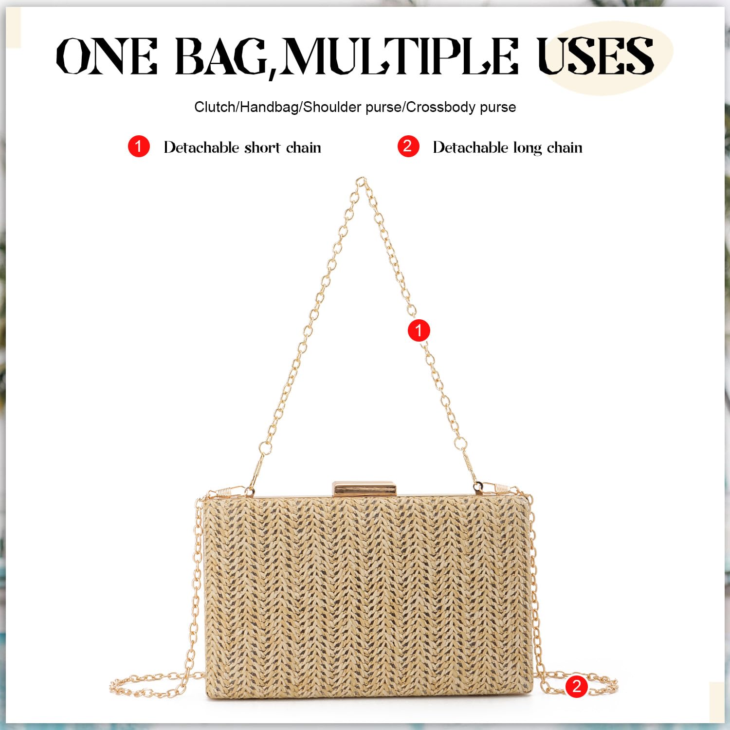 EVEOUT Słomiana kopertówka dla kobiet lato Boho Clutch łańcuszek na wesele impreza pleciona torba na ramię plaża wakacje