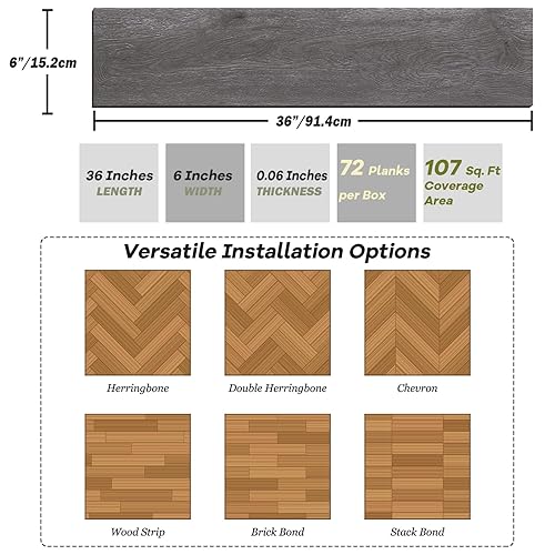 Miniatura 2 de Oxdigi Azulejos de suelo de 36 x 6 x 6 x 72 paquetes108 pies cuadrados, suelo de tablones de madera grueso, autoadhesivo, impermeable, para cocina,