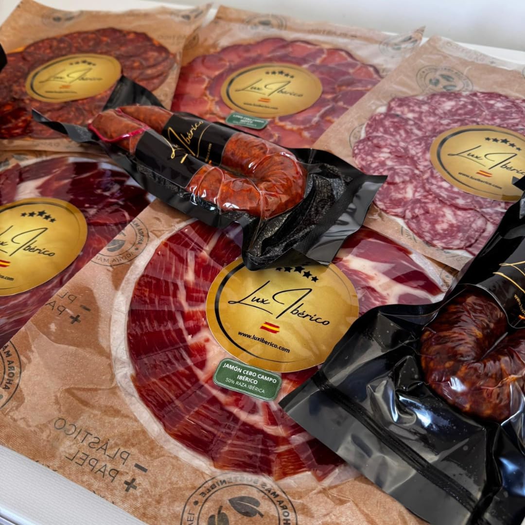 Lux Ibérico | Sabores de España | Caja Regalo Gourmet con Jamón, Lomo, Chorizo y Salchichón Ibérico Loncheado, Morcilla Patatera y Embutido Herradura | Regalo Gourmet
