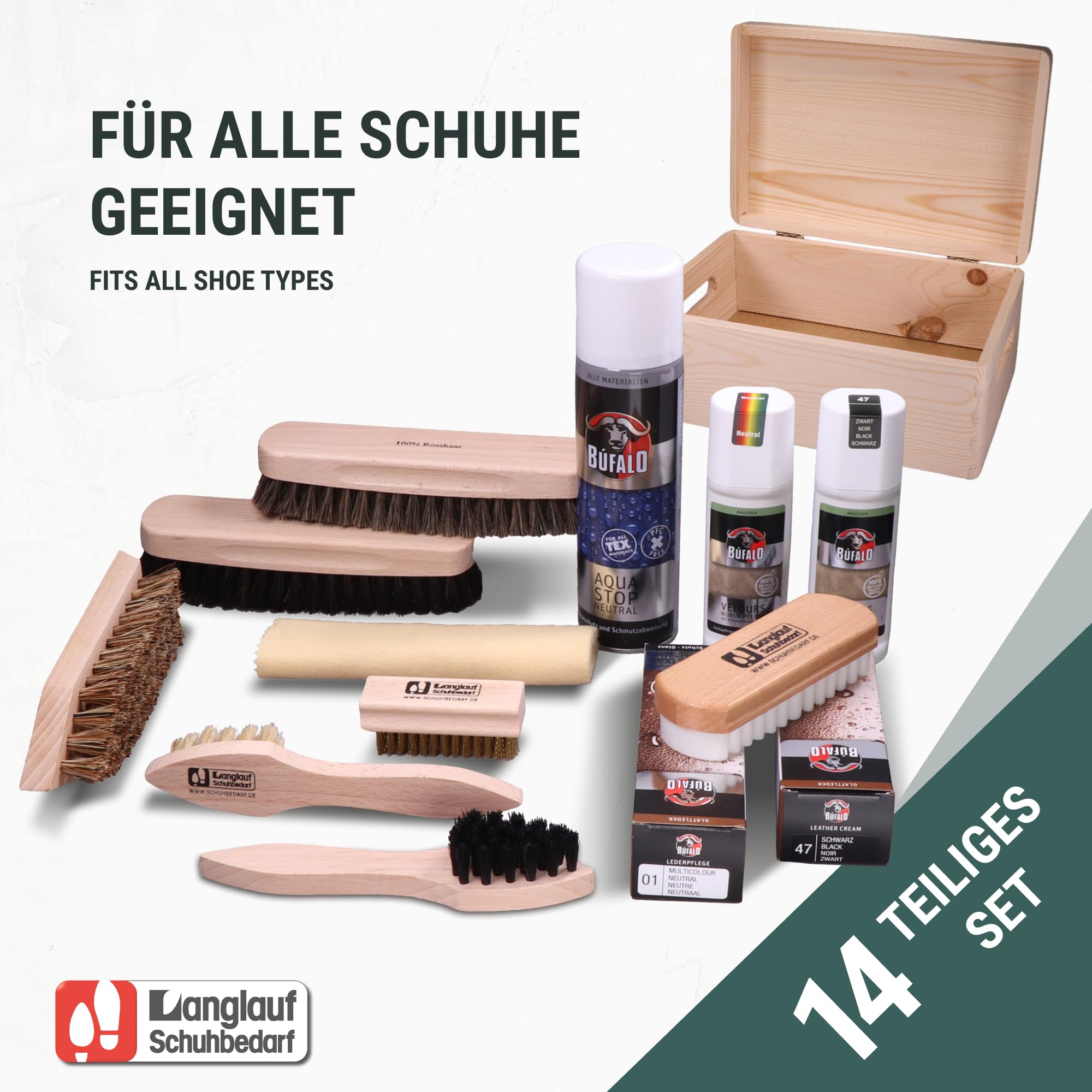 Langlauf Schuhputzset Bologna 15-teilig mit Bürsten, Cremes und Holzkasten | Schuhpflegeset mit Rosshaar-, Nubuk- und Wildlederbürsten sowie Pflegeprodukten für Glattleder, Nubuk und Veloursleder