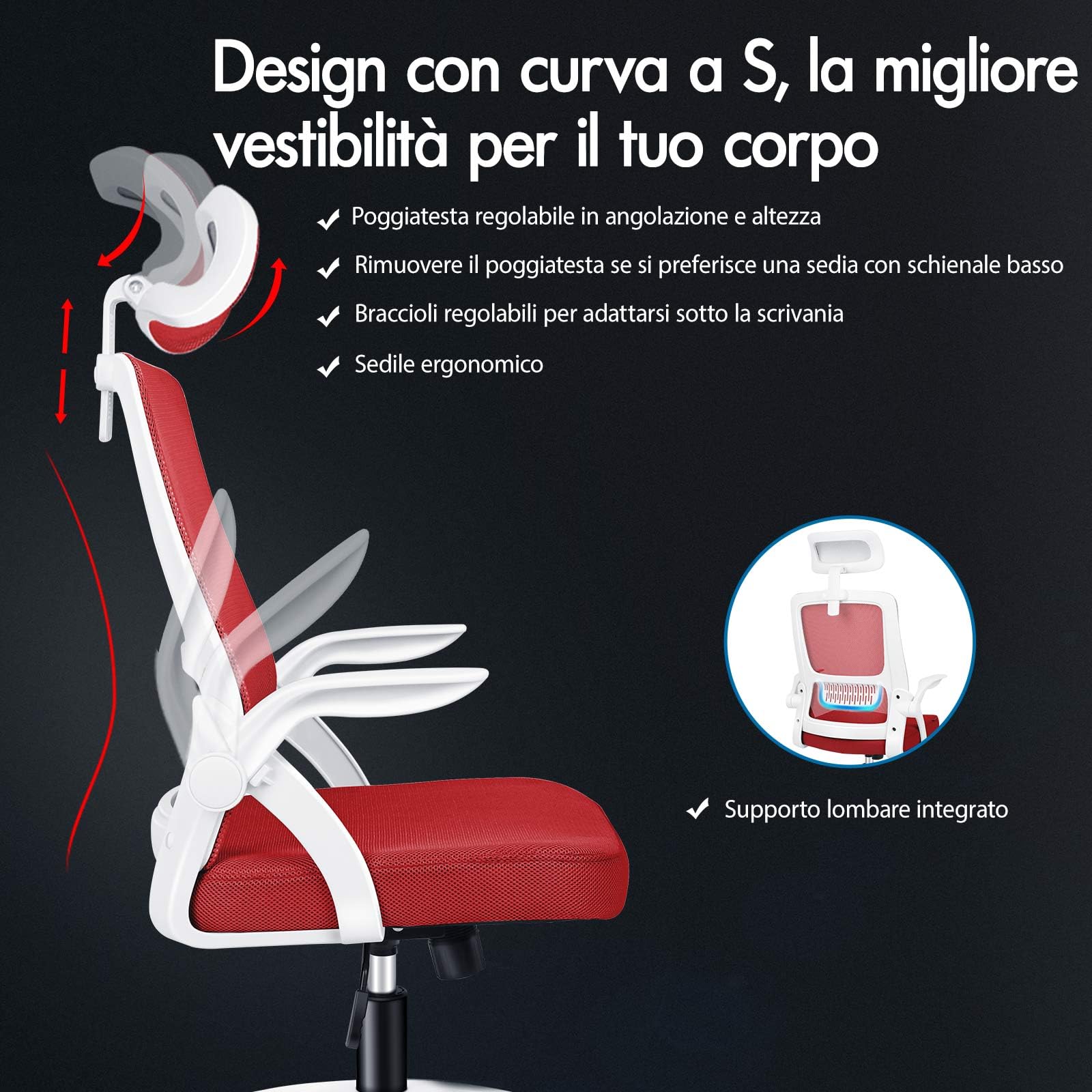 ALFORDSON Sedia da Ufficio, Poltrone con Poggiatesta, Sedia da Scrivania per Computer con Supporto Lombare, Sedia Girevole per Home Office, Rosso