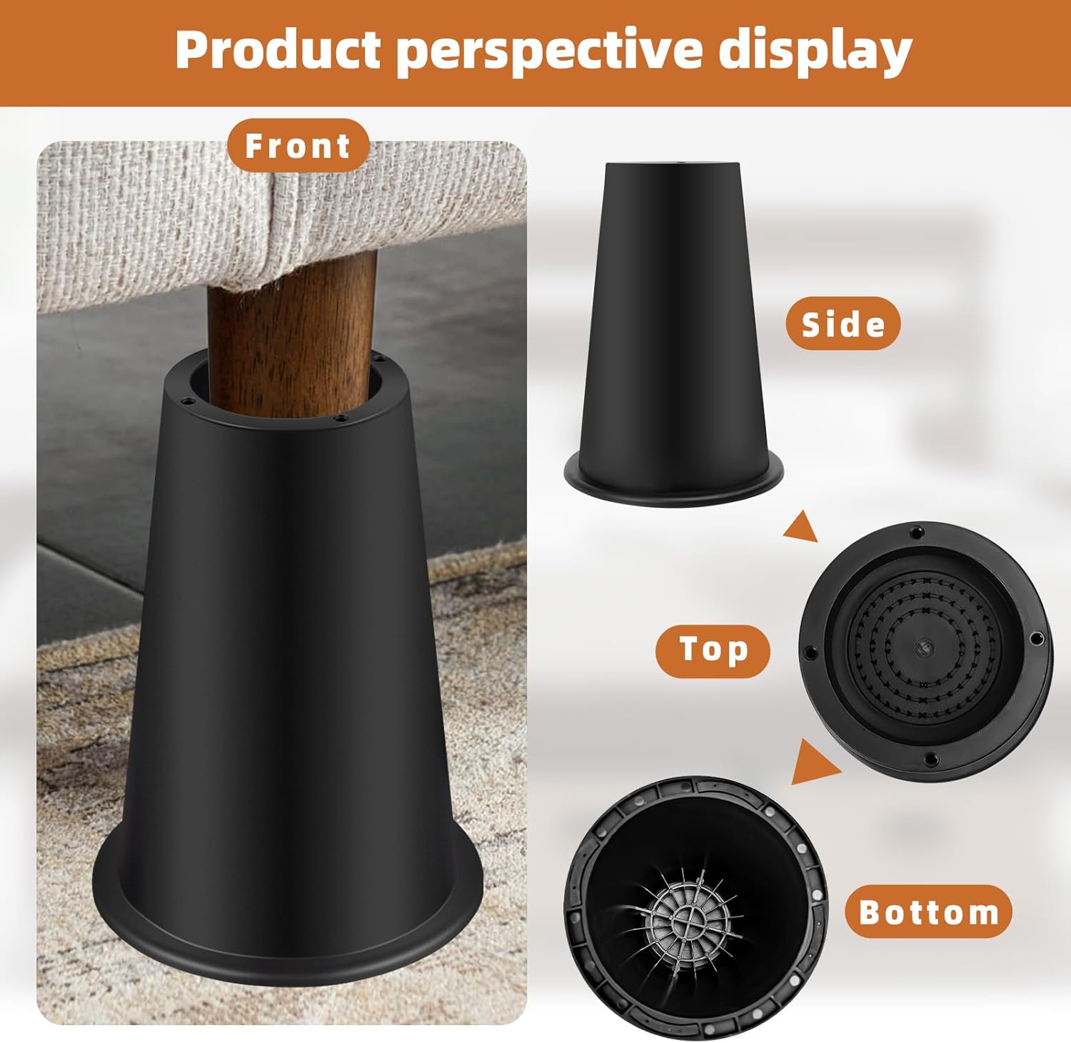 8 inch Bed Risers Adjustable Furniture Risers - Heavy Duty Non-Slip Lift Supports for Beds/Couches/Sofas, Durable Square Design with Creates Storage Space (4 Pack Black, 8 inch Round)