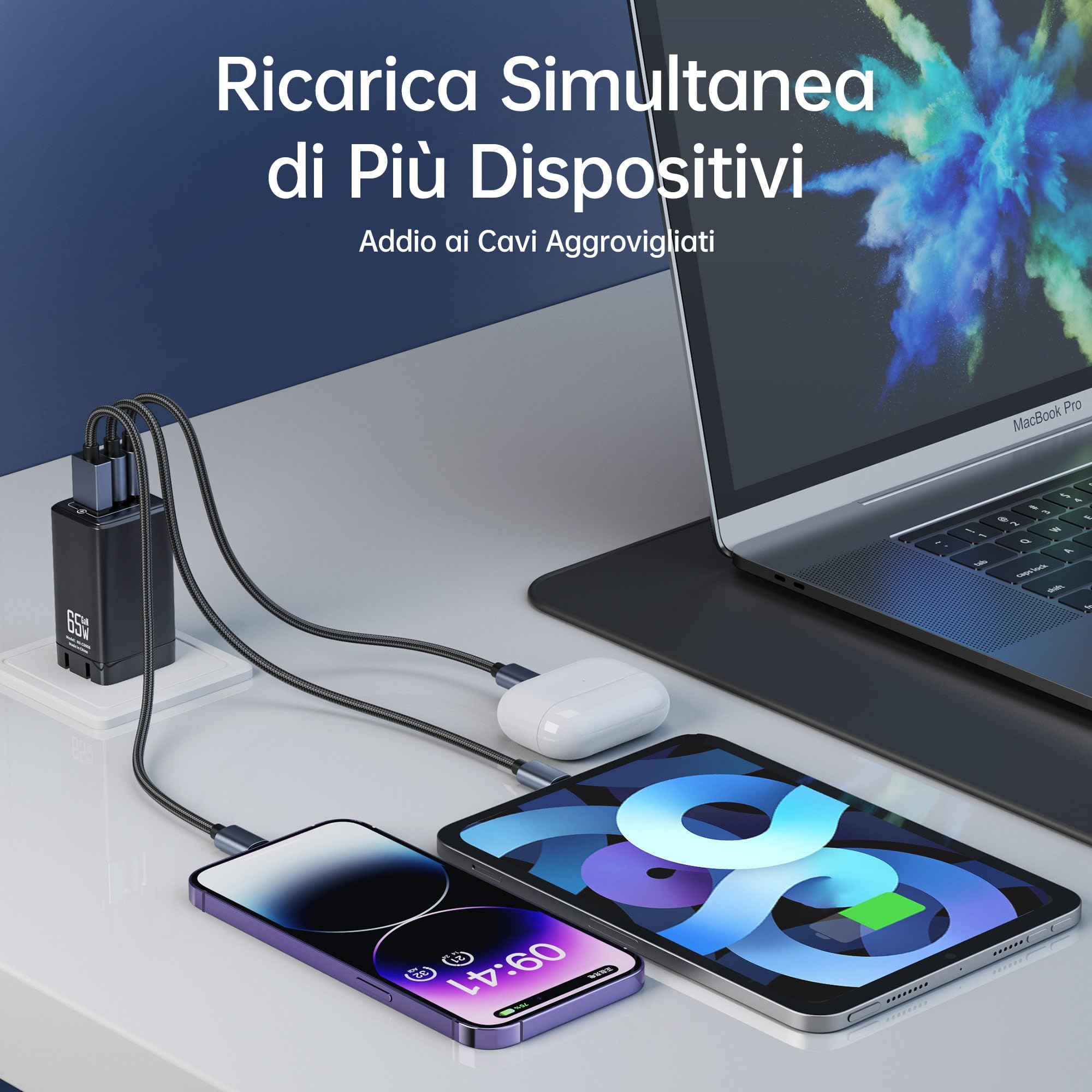 NOHON Caricatore USB-C Rapido 65W GaN PD 3.0 3 Porte Compatibile iPhone 17 16 15 14 13 12 Macbook Samsung Galaxy S