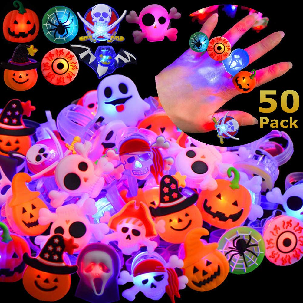 Gavoyeat Halloween LED Ring Luminous Flash Finger Ring Toys 50 Pack Party Favor Blinking Jelly Rubber Rings Kids Adults Gifts Sets