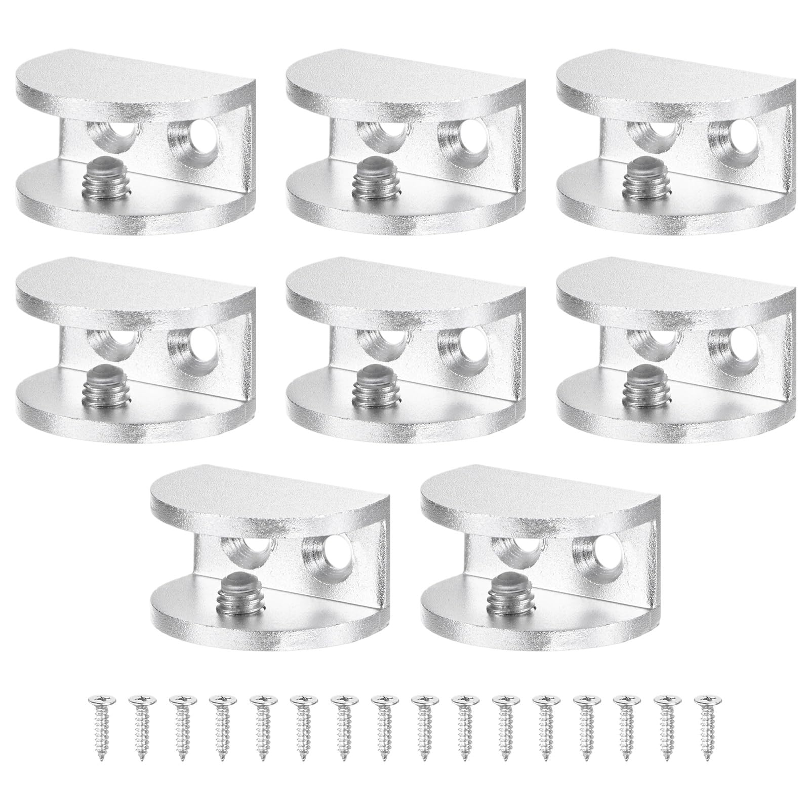 M METERXITY 8-Pack Glass Shelf Brackets, Adjustable No-Drill Semicircle Medium Glass Clamp Connector for 8-10mm Thick Shelf Brackets, Use for Bathroom/Showcases/Wardrobe [Silver Tone]