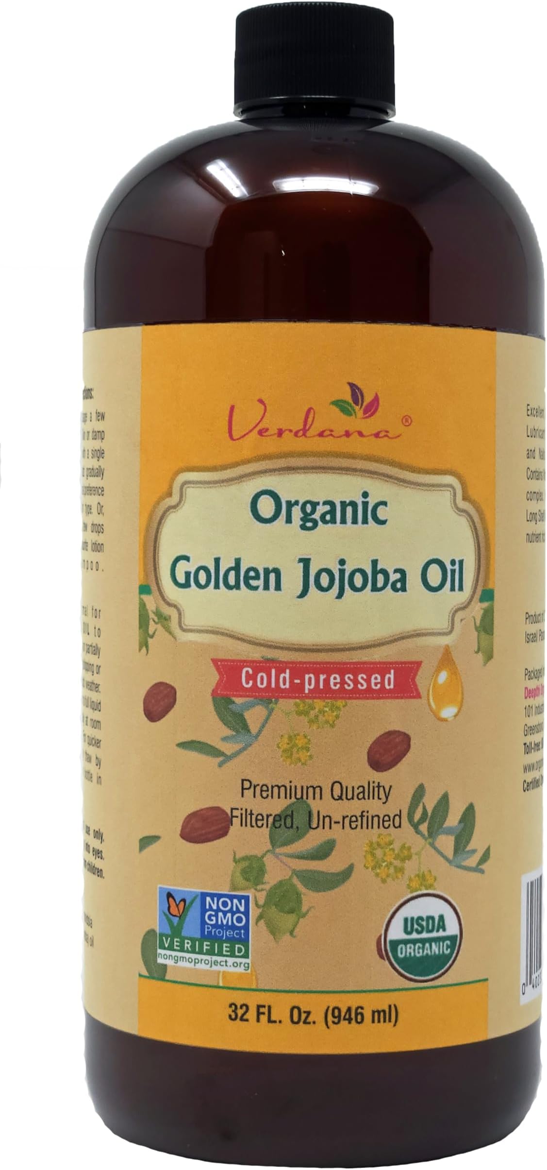Organic USDA Certified Organic Golden Jojoba Oil, Cold Pressed, Unrefined, 32 Fl. Oz. – 100% Pure - Hexane free - Non GMO – for Face & Hair – Carrier Oil Base