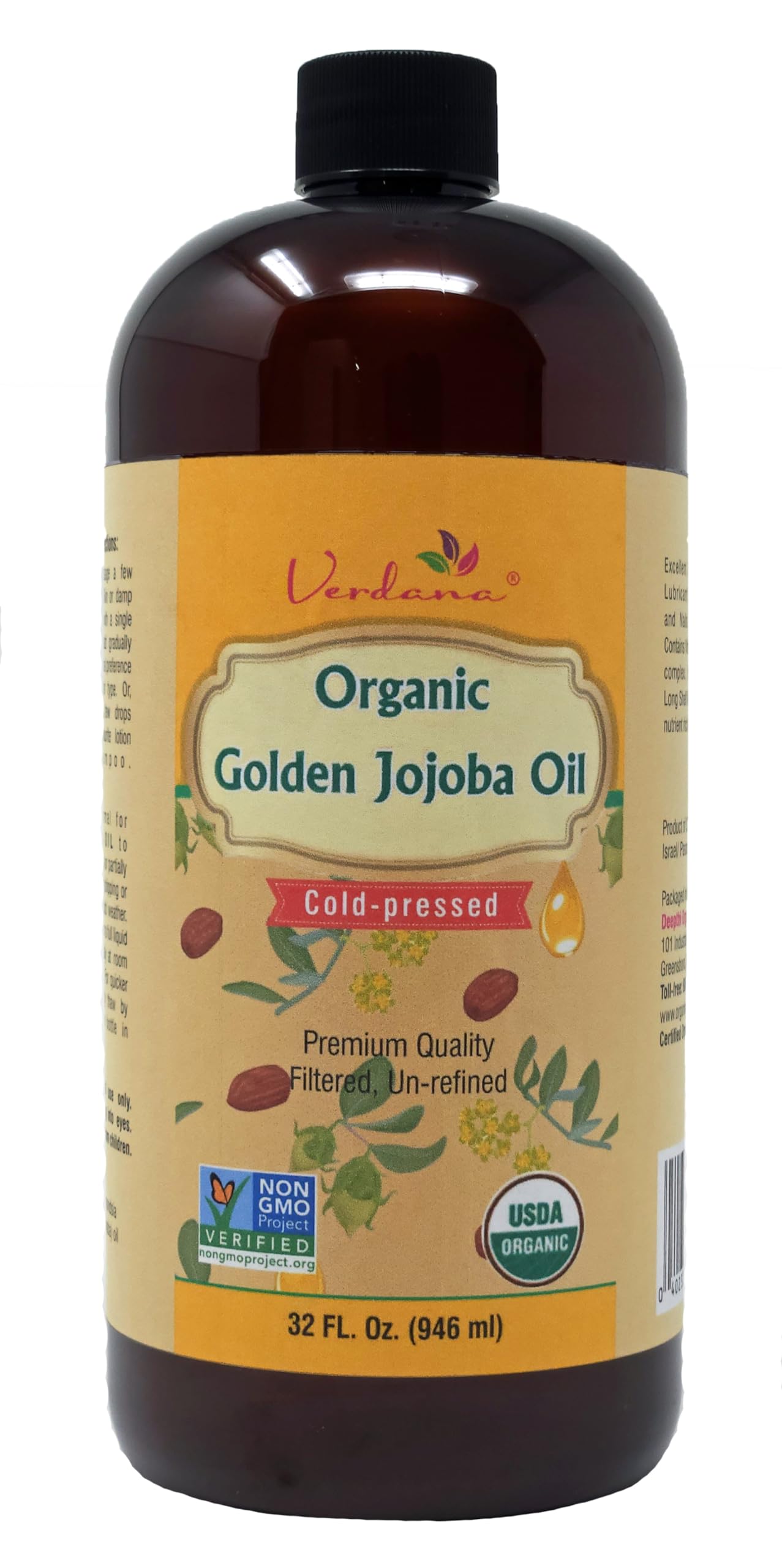Verdana Organic USDA Certified Organic Golden Jojoba Oil, Cold Pressed, Unrefined, 32 Fl. Oz. ââ‚¬â€œ 100% Pure - Hexane free - Non GMO ââ‚¬â€œ for Face & Hair ââ‚¬â€œ Carrier Oil Base