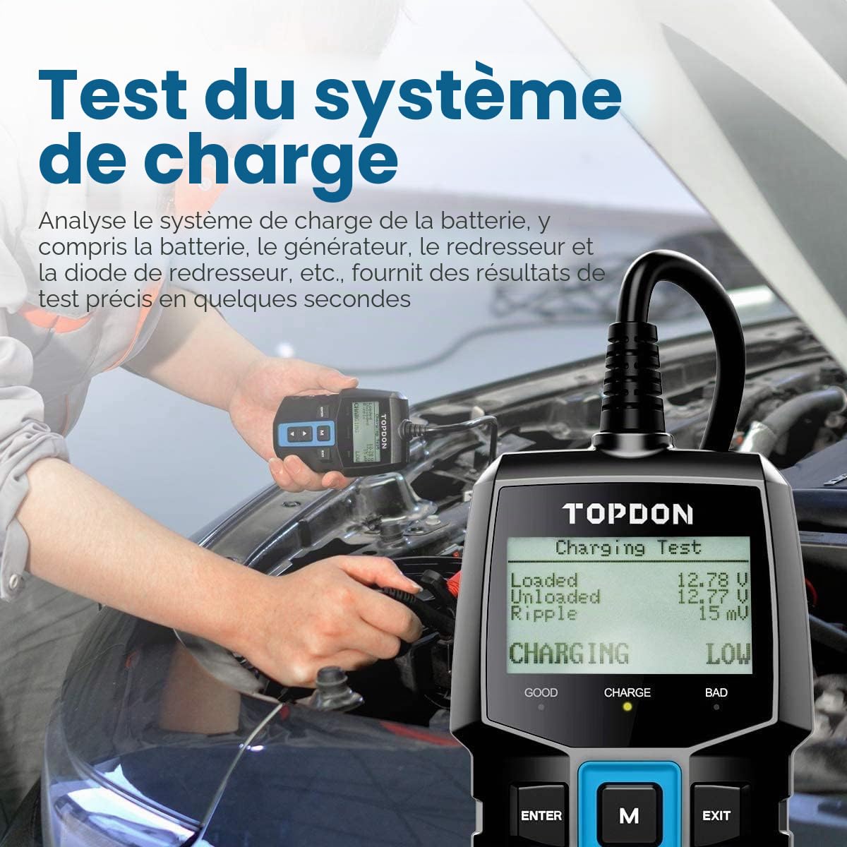 TOPDON Testeur de Batterie BT100, 12V Testeur batterie voiture100-2000 CCA Essai de charge de démarrage avec batterie pour Voitures Motos VTT VUS Yachts