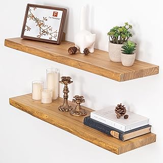 Fun Memories Floating Shelves for Wall Set of 2, Rustic Solid Elm Wood L...