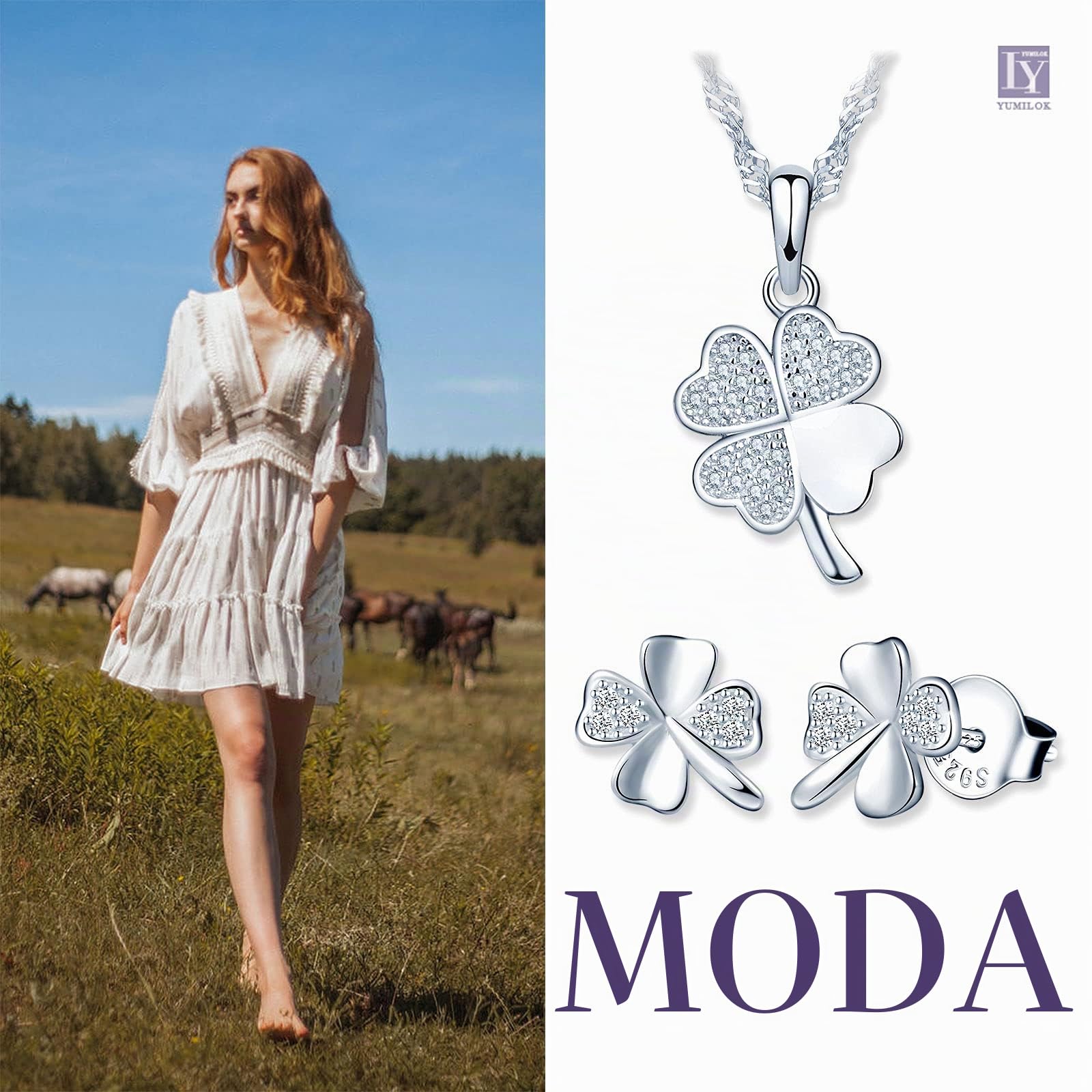 Yumilok-collar de mujer pendientes de plata colgante de circonita de plata esterlina S925 para mujer juego de trébol de cuatro hojas de la suerte