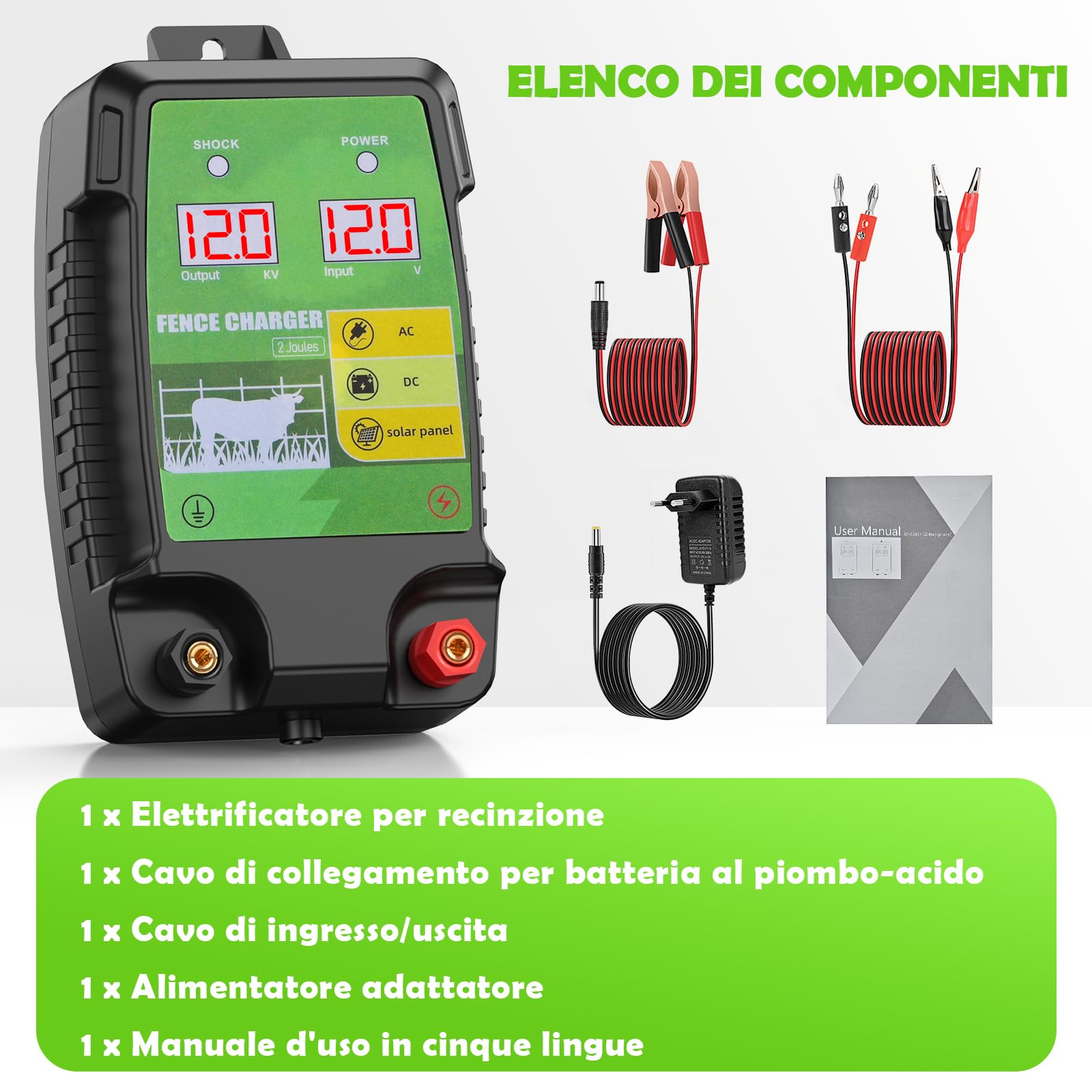 12KM Elettrificatore per Recinzione Elettrica, 12 kV 3,0 J Tensione di Uscita Recinto Elettrico per Animali con Schermo LCD, Protezione per Cavalli, Pecore, Pascoli e Fattorie (Nero e verde)