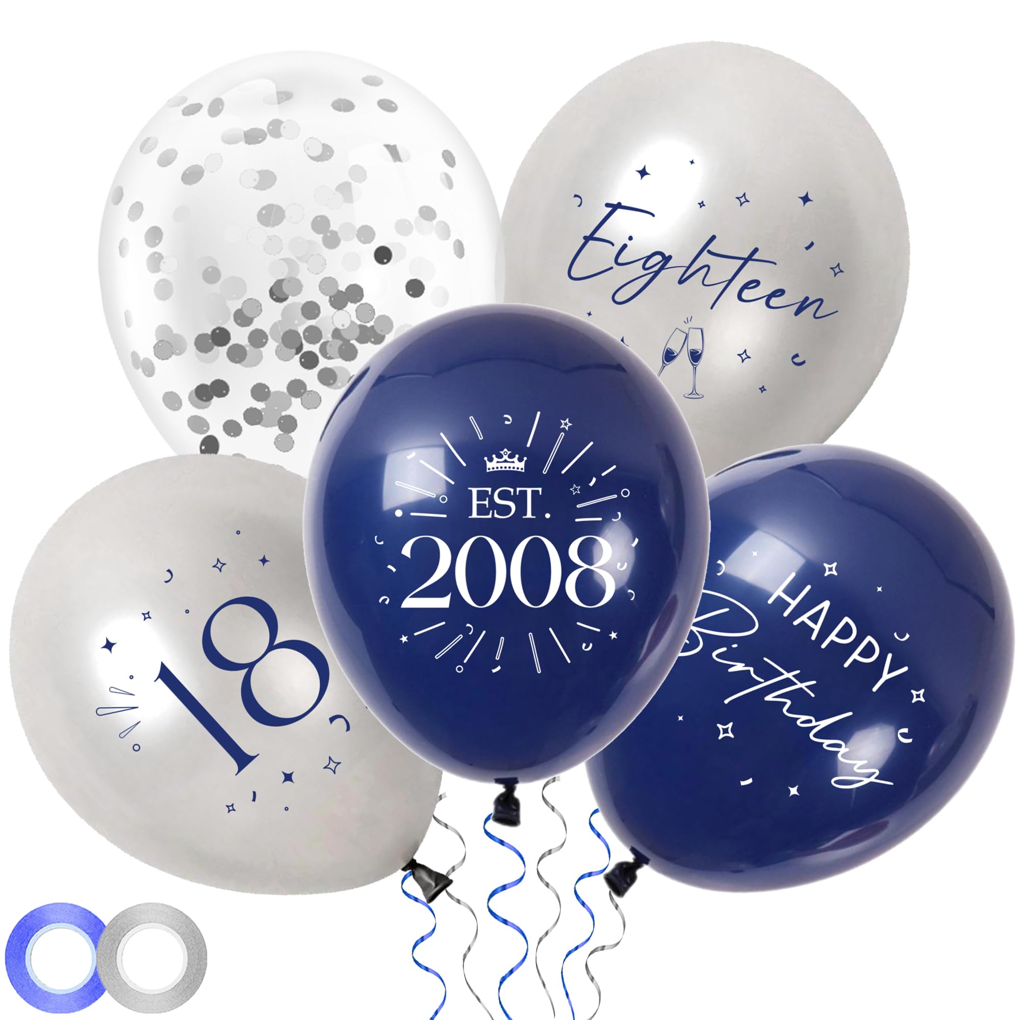 18th Birthday Decorations Party Balloons - 30pcs Blue and Silver 18 Balloons for Boys, Eighteen Latex Balloon with Ribbon for 18 Year Old Party