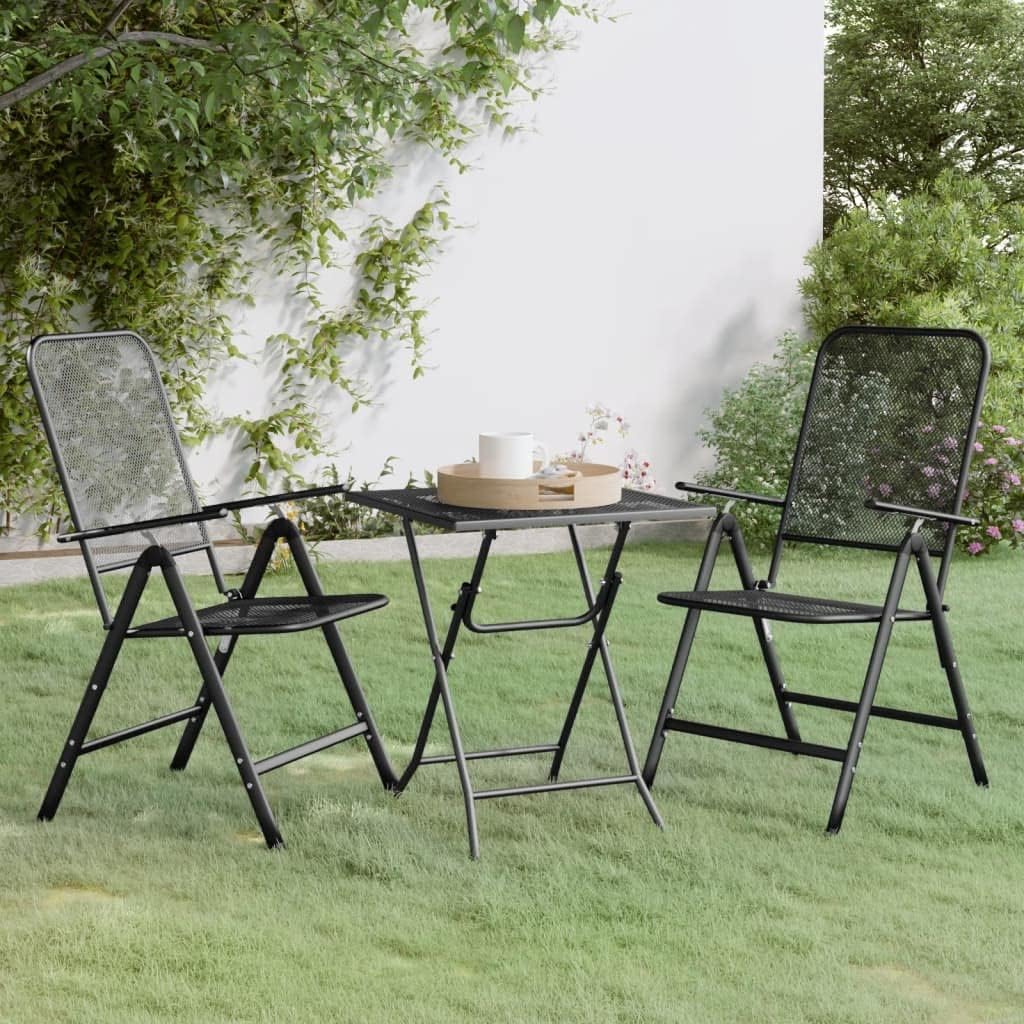 vidaXL Expanded Metal Mesh Patio Dining Set, 3 Piece, Anthracite - Foldable Design with 7-Position Adjustable Backrest for Comfort