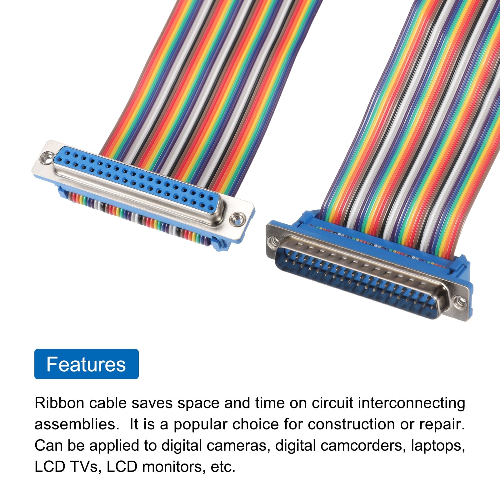 QUARKZMAN Câble Ruban Plat IDC Rainbow DB37 Mâle Vers DB37 Femelle Longueur 78.7 Pouces Pas 2.54mm Fils De Connexion Pour Projets Électroniques
