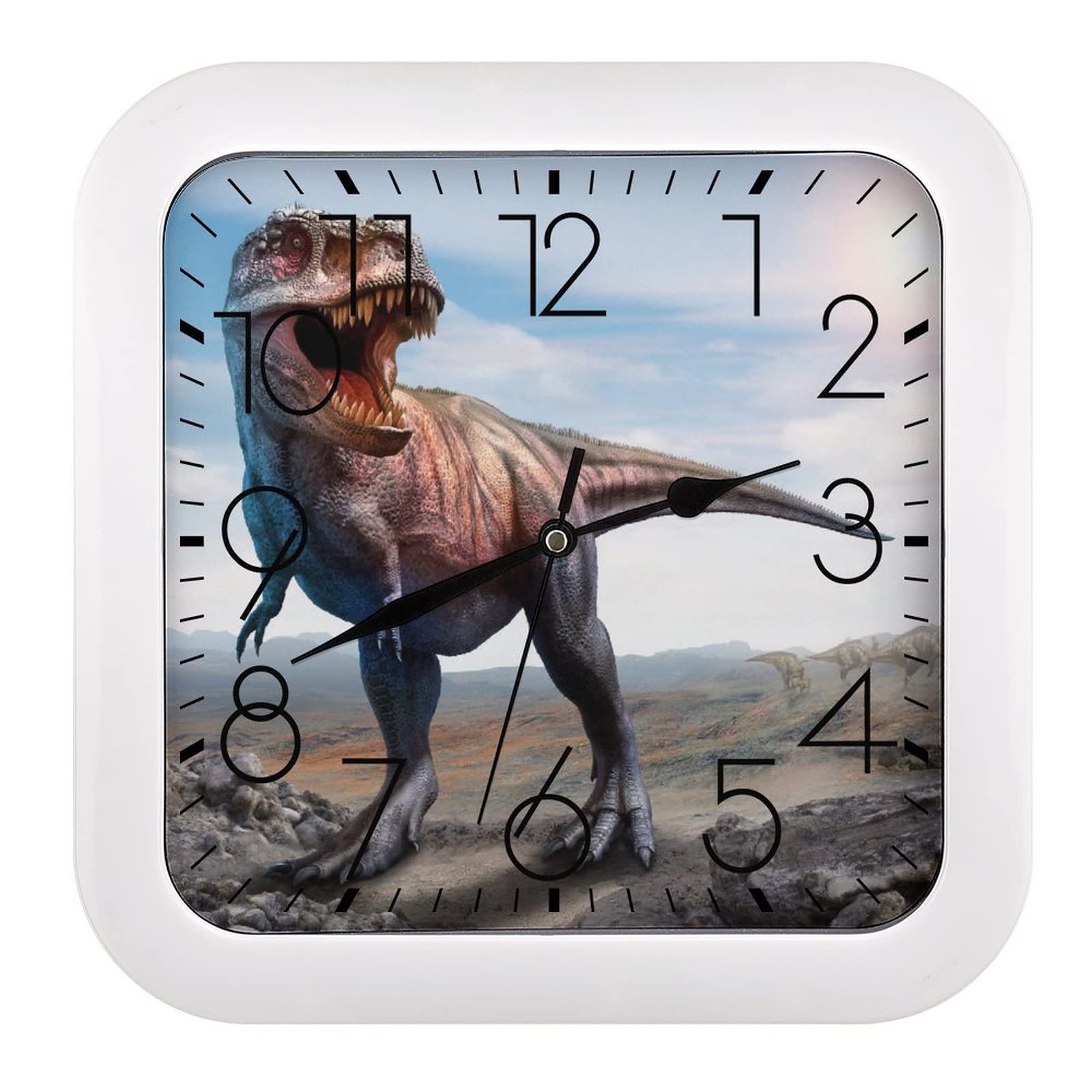 Horloge Murale Dinosaure à grands chiffres lisibles format carré 26cm