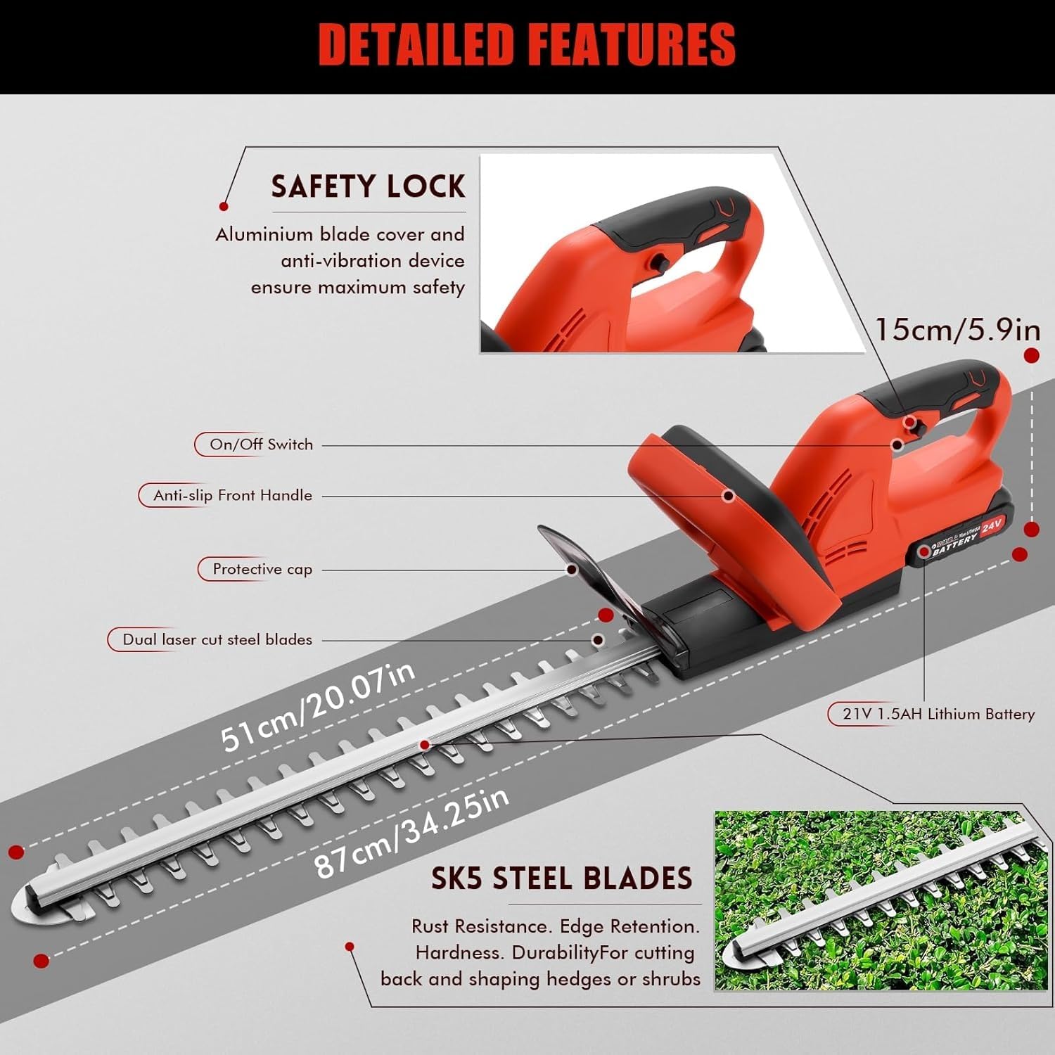 Cortasetos Electrico, Cortasetos Bateria con Batería 3.0ah y Cargador, 360° Ajustable Podadora, 51 cm Longitud Hoja, 17 mm Espacio Entre Dientes, Cubierta Cuchillas para Setos, Ramas, Arbustos, Ramita