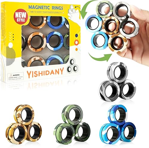 Miniatura 10 de 12Pcs Magnetic Rings Fidget Toys Pack, Magnets Finger Spinner for ADHD Stress Relief, Tire Style Magical Fidget Rings for Training Relieves Autism