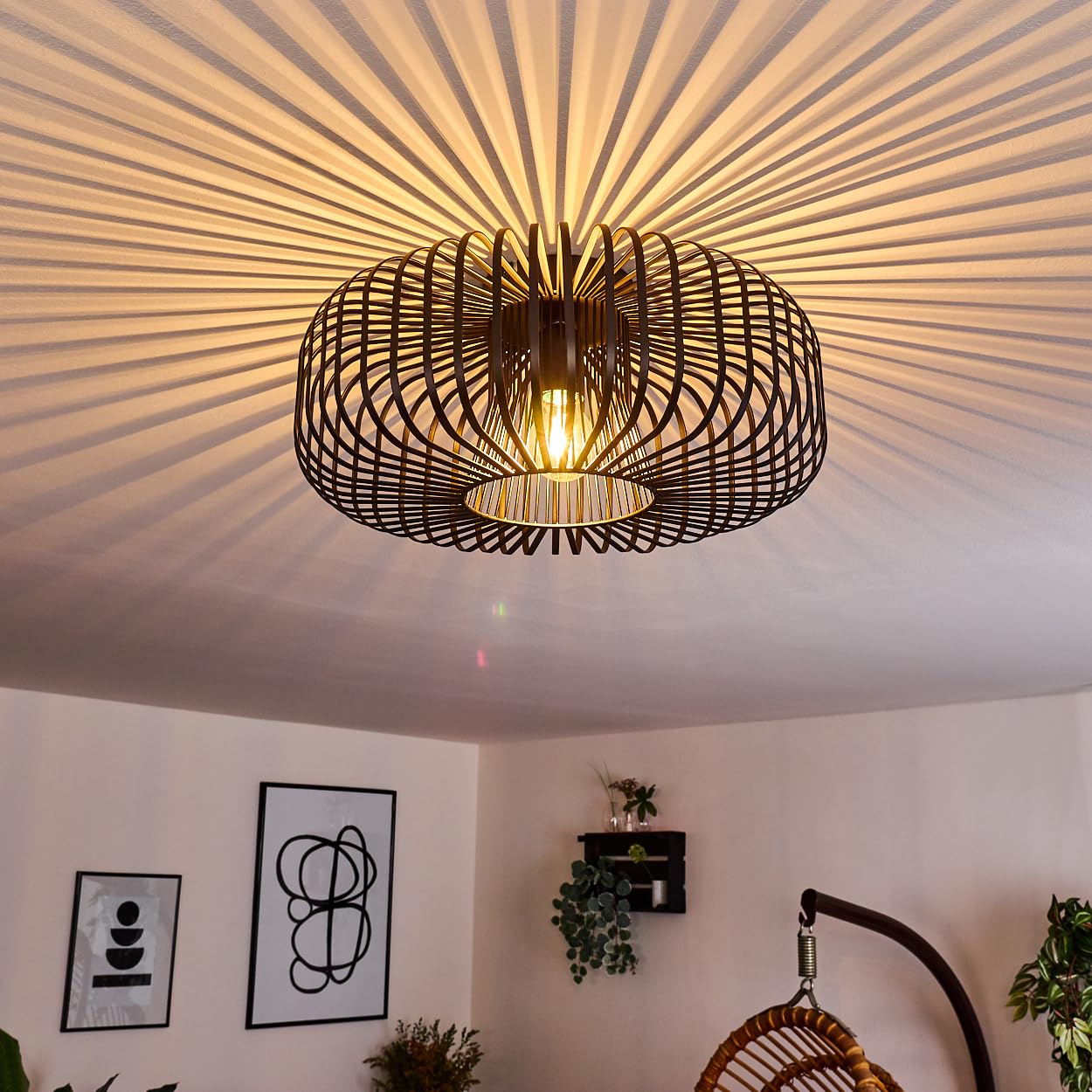 Hofstein Black Wemude Ceiling Lamp, Round Metal Ceiling Lamp In 1-Flame, E27 Socket, Retro Light With Lattice Effect, Bulbs Not Included
