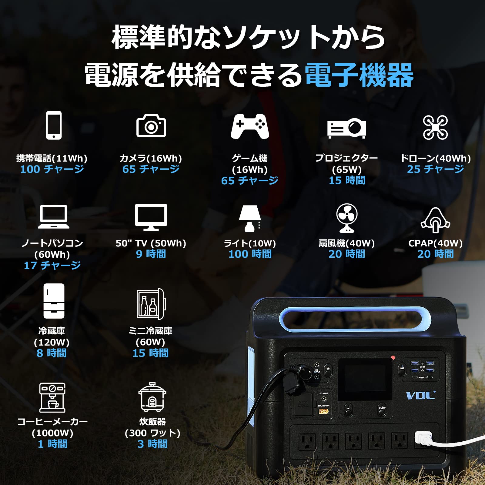 Amazon.co.jp: ポータブル電源 1000W 大容量 VDL 1228.8Wh/384000mAh