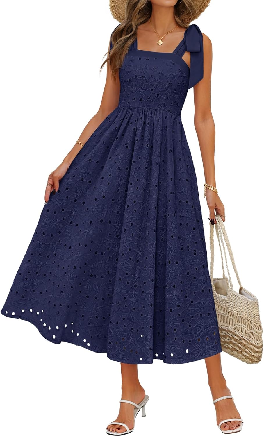 MEROKEETY Women's Summer Eyelet Square Neck Sundress 2026 Spring Sleeveless Flowy A Line Beach Vacation Long Maxi Dress
