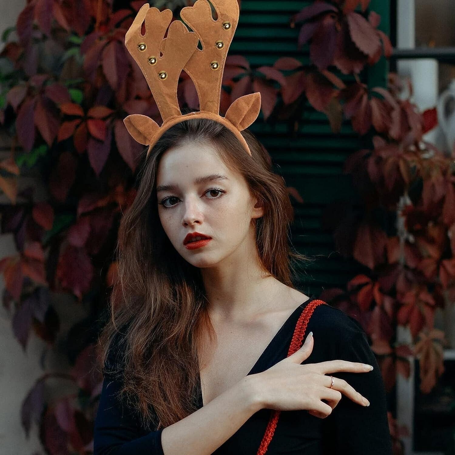 PartyToko Reindeer Antlers Headband fur Reindeer Headband Cute red and Cream Deer Ear Hairband Head Accessories for Women for Christmas Halloween Headpiece 1 Pc 3