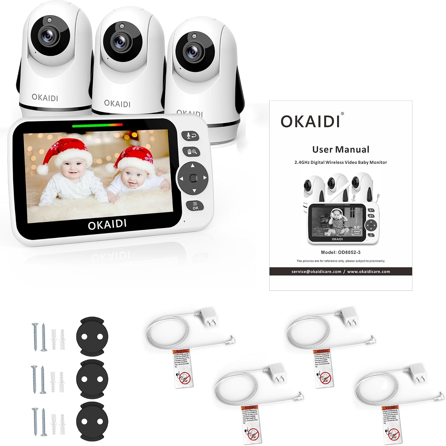 OKAIDI Video Baby Monitor with 3 Cameras, 5" Display Baby Monitor No WiFi, 30H Battery and 1000ft Range, 2-Way Talk, 8 Lullabies, Remote Pan-Tilt-Zoom Baby Camera for Baby/Pet/Elderly