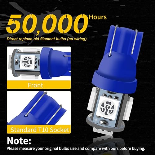 Miniatura 4 de Qasim Bombilla LED azul de 194, T10 W5W 2825, 158, 192, 168, 194, cuña 5-SMD 5050, ultra azul, para interior del automóvil, 12 V CC (paquete de 10)