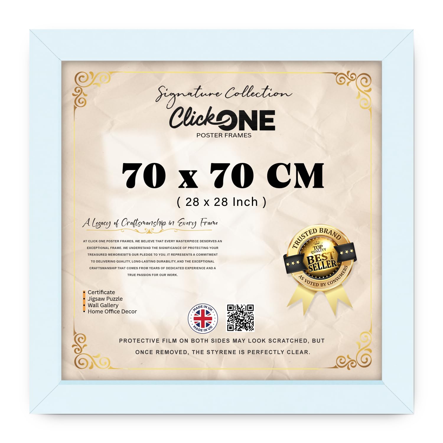 Click One — Classic Modern Engineered Wood Poster Frame (70 X 70 CM) | White Profile With Shatterproof Styrene Perspex Sheet — Ideal For Wall Hanging Home Office Living Room 28 X 28 Inch