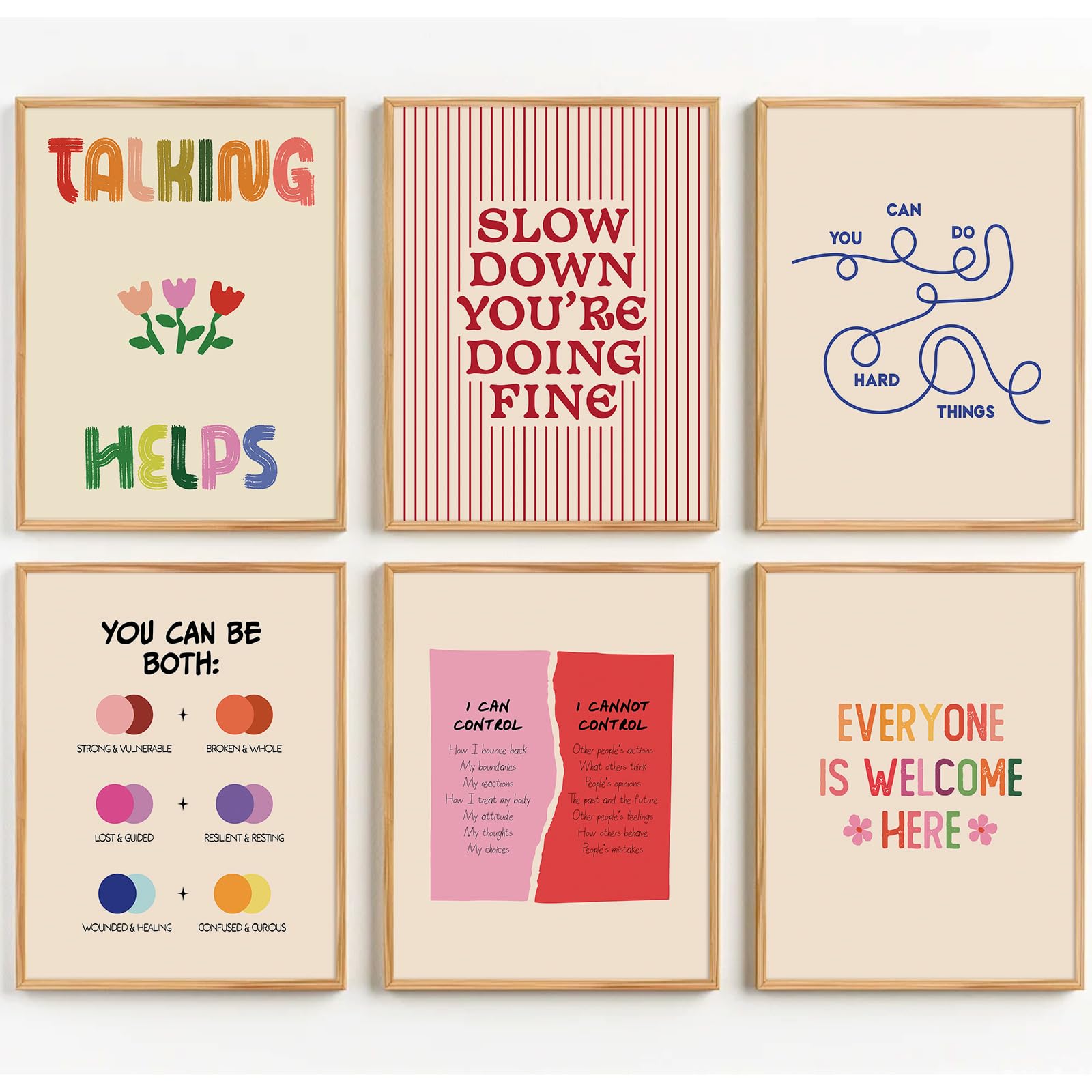 6-Piece Boho Motivational Canvas Poster Set for Therapy and Counseling Offices (8x10 Unframed)