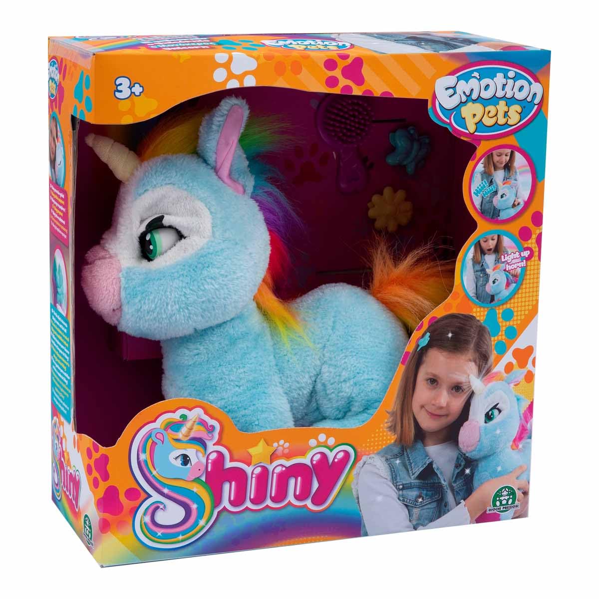 Giochi Preziosi Emotion Pets, Shiny Pluszowy jednorożec, zabawki dla dzieci 3 lata +, interaktywna pluszowa zabawka ze szczotką i 2 kolorowe spinki, kolor niebieski i grzywa i tęczowy ogon