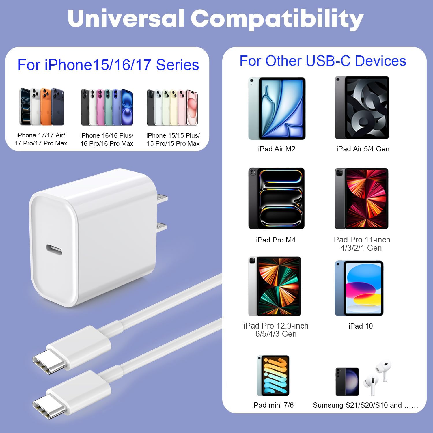 Fast Charger for iPhone 16/15 Charger,10FT Extra Long Fast Charging 3Pack USB-C Wall ChargerBlock USB C To USB C Fast Charging Cable Cord for iPhone 16 Pro Max/iPhone 15 Pro/15 Plus,iPad Pro/Air/Mini