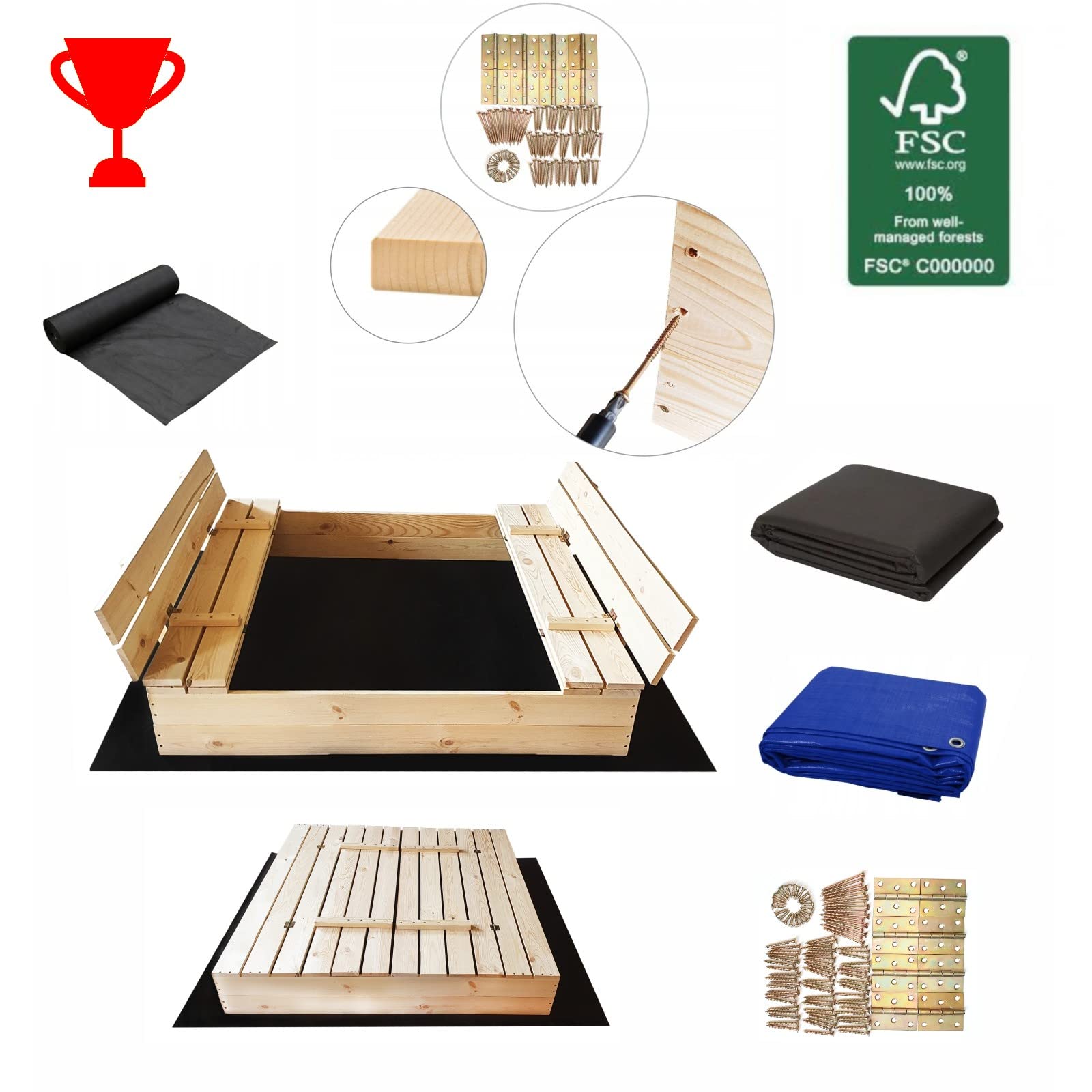 Sandkasten 140x140 cm inkl. Video Anleitung für Montage Premium Sandbox mit Abdeckung Sitzbänken Deckel Plane Sandkiste Holz Sandkastenvlies 150x150