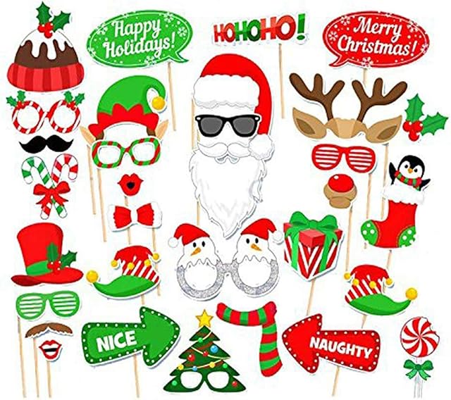 32pcs Christmas Photo Booth Props - DIY New Year Decoration Eve Party Games Favors Selfie Photography Photobooth Prop Funny Masks Santa Hat Mustache Dress-up Supplies for Xmas, Birthday Decorations
