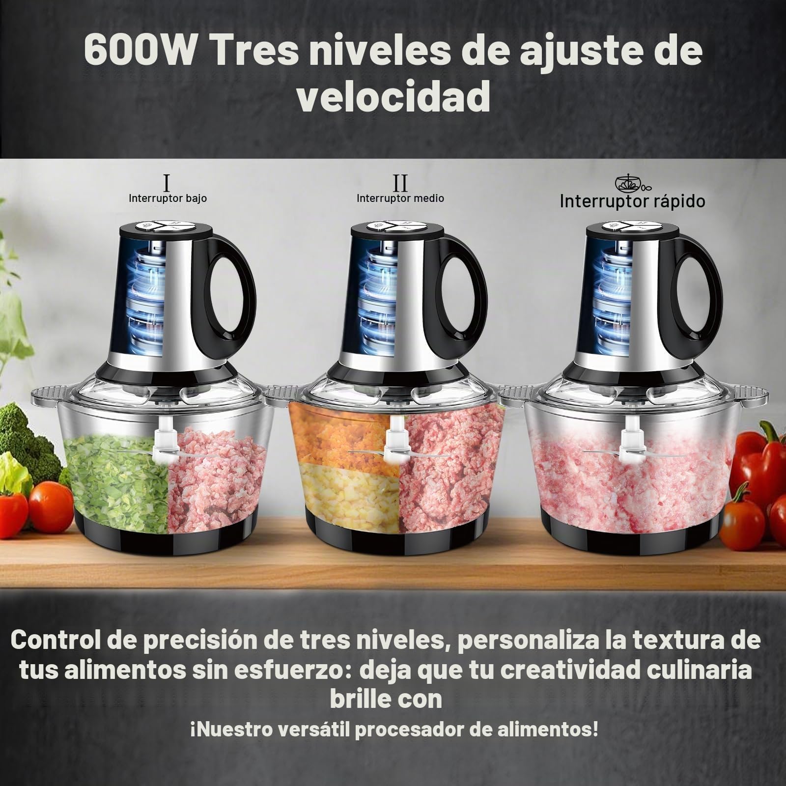 Picadora eléctrica de 600 W, cuenco de acero inoxidable de 2 litros, 3 velocidades, procesador de alimentos para carne, verduras, ajo, nueces