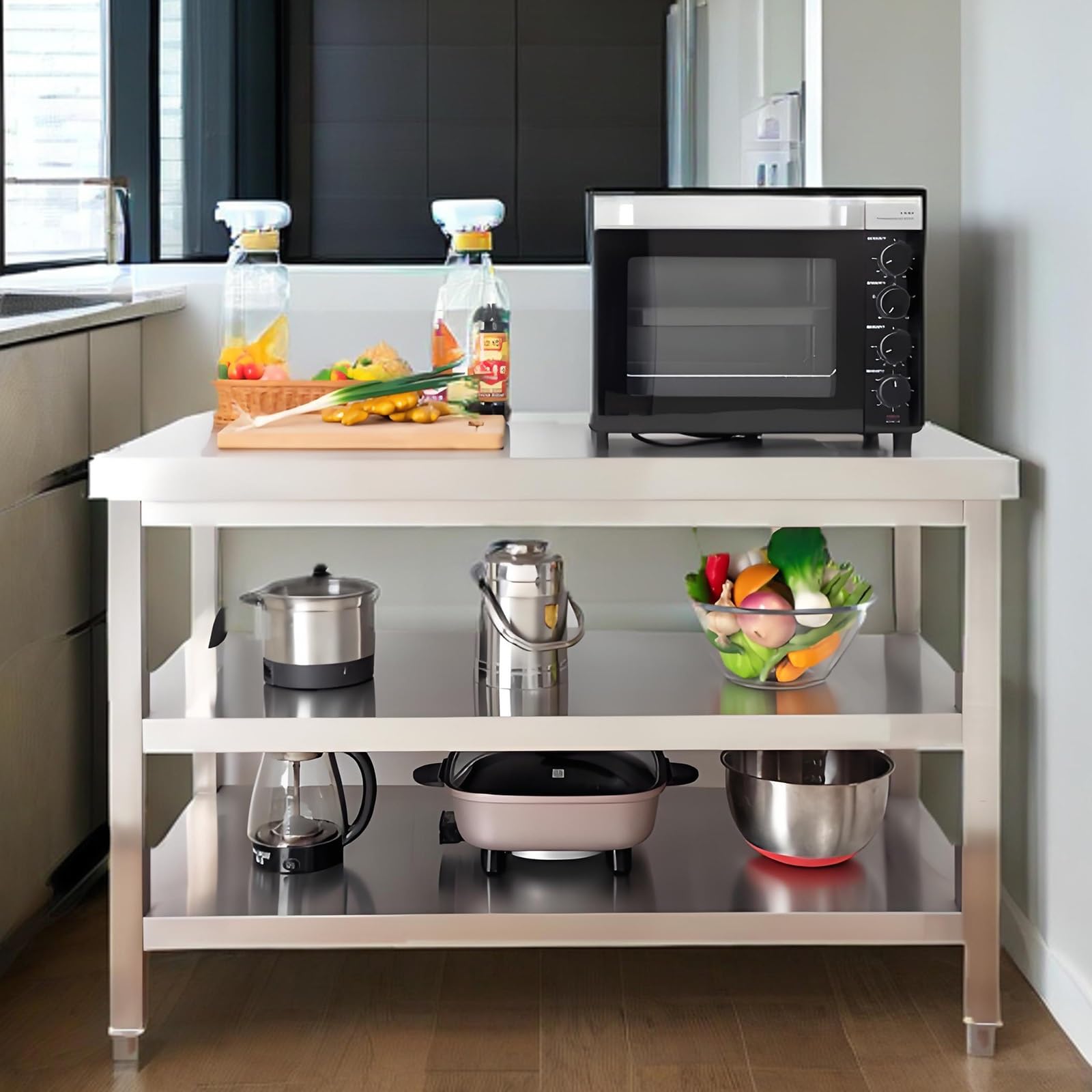 Generico Tavolo da Preparazione in Acciaio Inox a 3 Ripiani per Cucina Commerciale, Grande Tavolo da Lavoro in Metallo con ripiano portaoggetti, Ideale per ristoranti, Case e Hotel (35,4" x19,7 x31,5