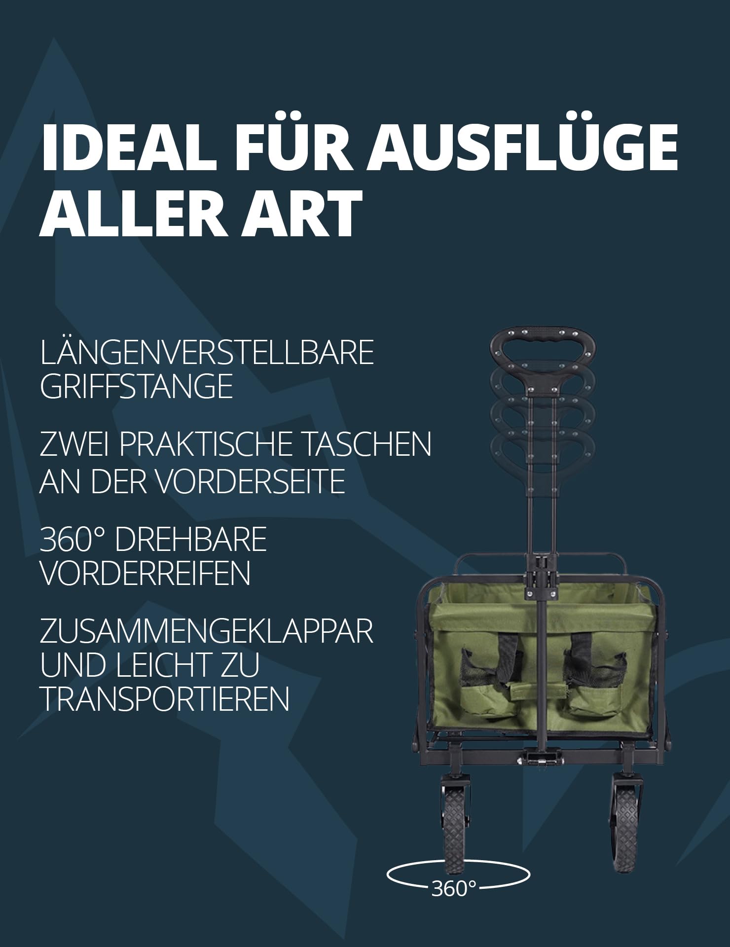 Kirkjubøur Carro plegable Edda, 90 x 52 x 55 cm, carro de mano para un transporte cómodo con 100 litros de volumen, soporta hasta 110 kg y ruedas delanteras giratorias 360° (azul marino)