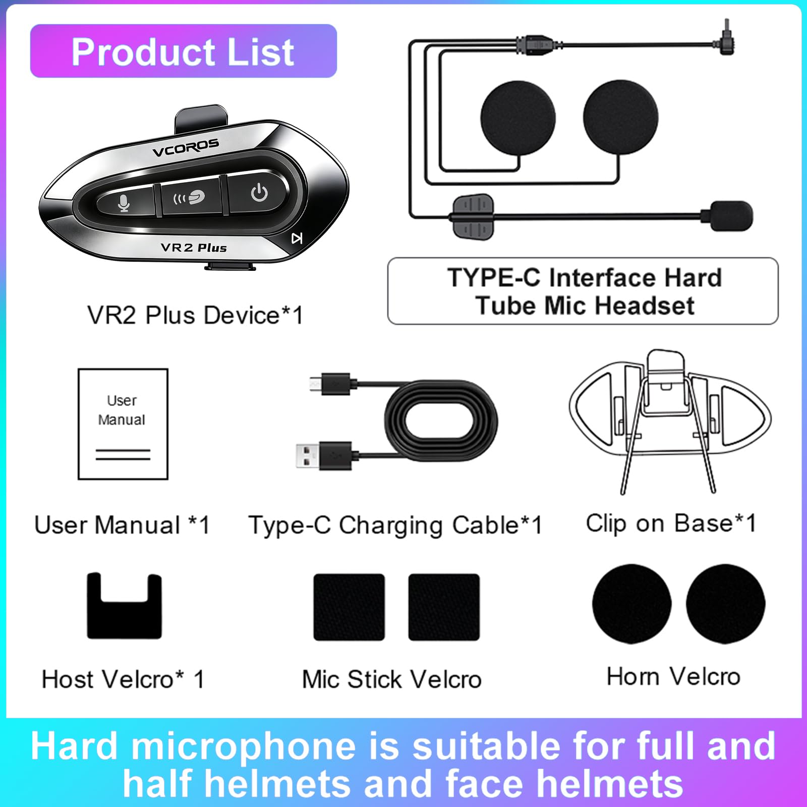 VCOROS Intercom Moto VR2 Plus,Système de Communication Bluetooth pour 2 Personne À Moins de 500m,IP56,Mode d'éclairage RGB,Kit Main Libre Moto,Soutien Contrôle Vocal Contrôle Musical (2Pack Hard Mic)