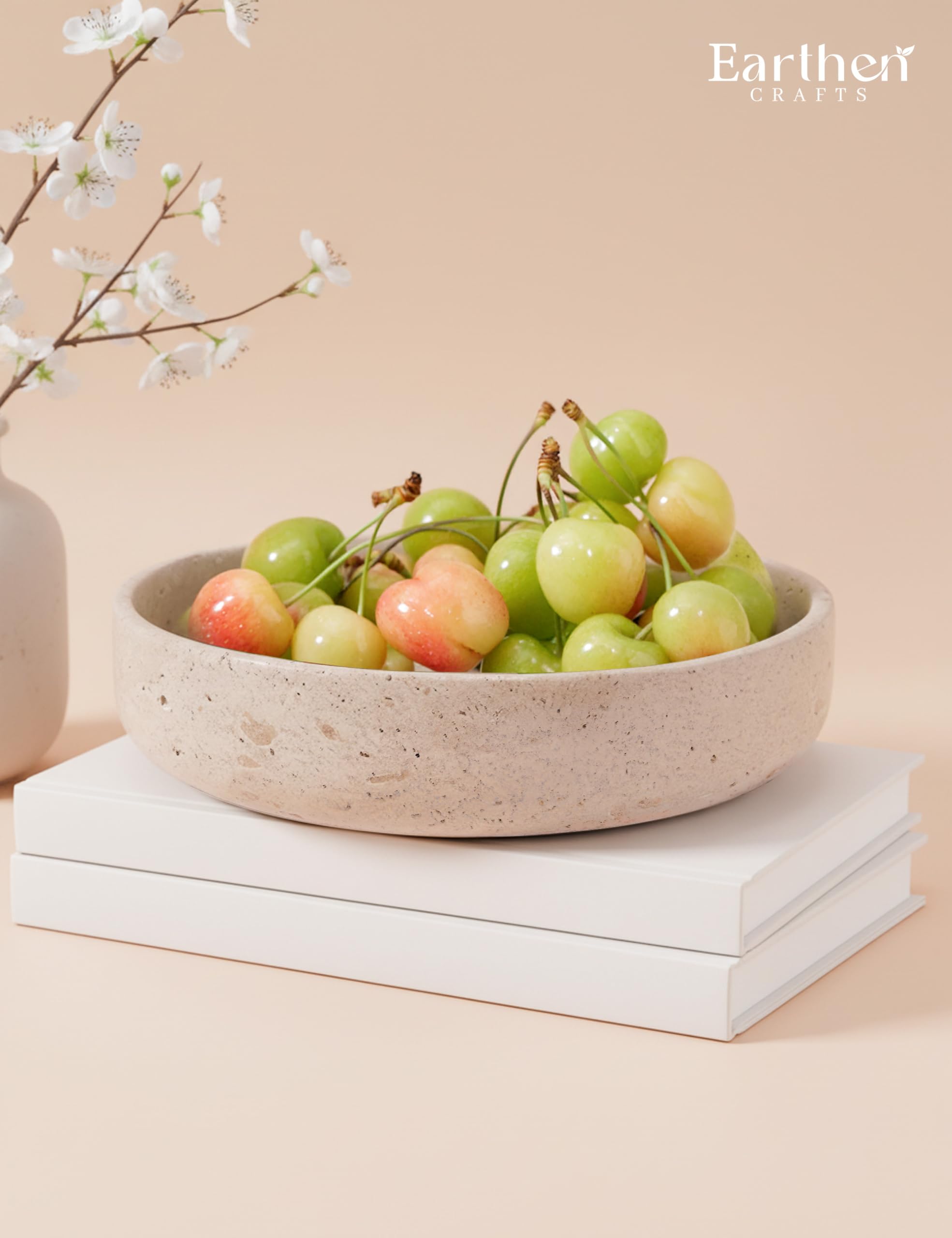 Bol de servir de mármol de 20 cm (8 pulgadas), travertino, hecho a mano para la encimera de la cocina, ideal para ensaladas, encimera de cocina, decoración moderna
