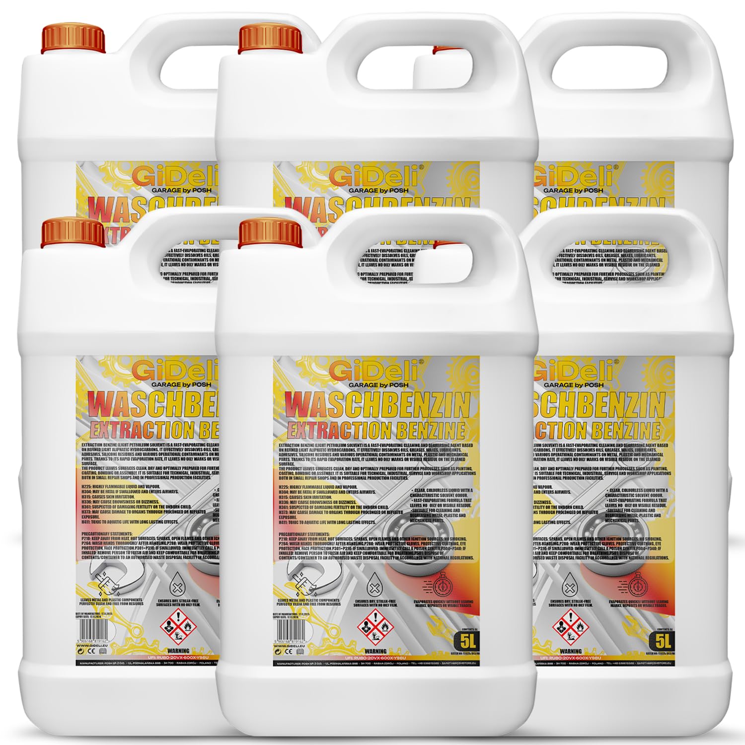GiDeli Waschbenzin 6 x 5L - Universelles Lösungsmittel & Entfetter - Farben- & Lackverdünner - Werkzeug & Pinselreiniger für Haushalt, Auto & Werkstatt