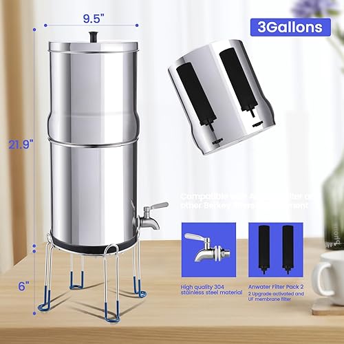 Miniatura 10 de Amwater Sistema de filtro de agua alimentado por gravedad de acero inoxidable 3G con certificación NSFANSI 42 y 372, reduce el plomo y hasta el 99%