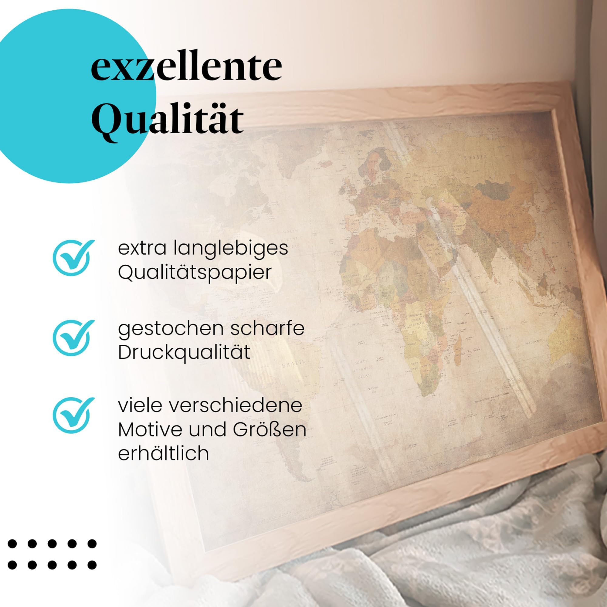 Postereck - 0459 - Vintage Weltkarte, Karte Bunt Länder Kontinente - Unterricht Klassenzimmer Schule Wandposter Fotoposter Bilder Wandbild Wandbilder - Leinwand - 100,0 cm x 75,0 cm