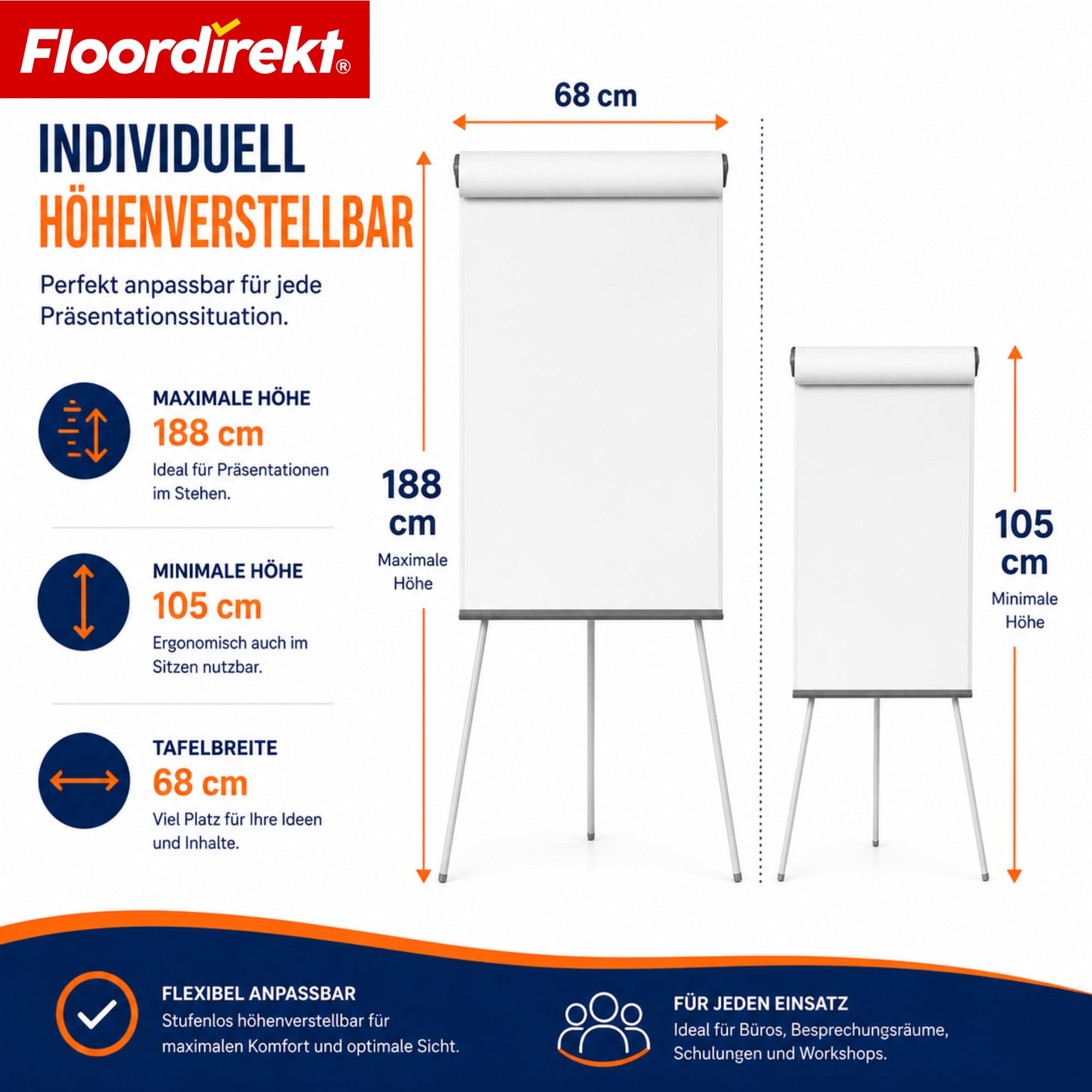 Floordirekt Flipchart mit Dreibein, Blockhalter & Seitenarmen - magnetisch & beschreibbar - freistehend & höhenverstellbar - Whiteboard Tafel Magnettafel - Board mit Ablageschale (Coyote)