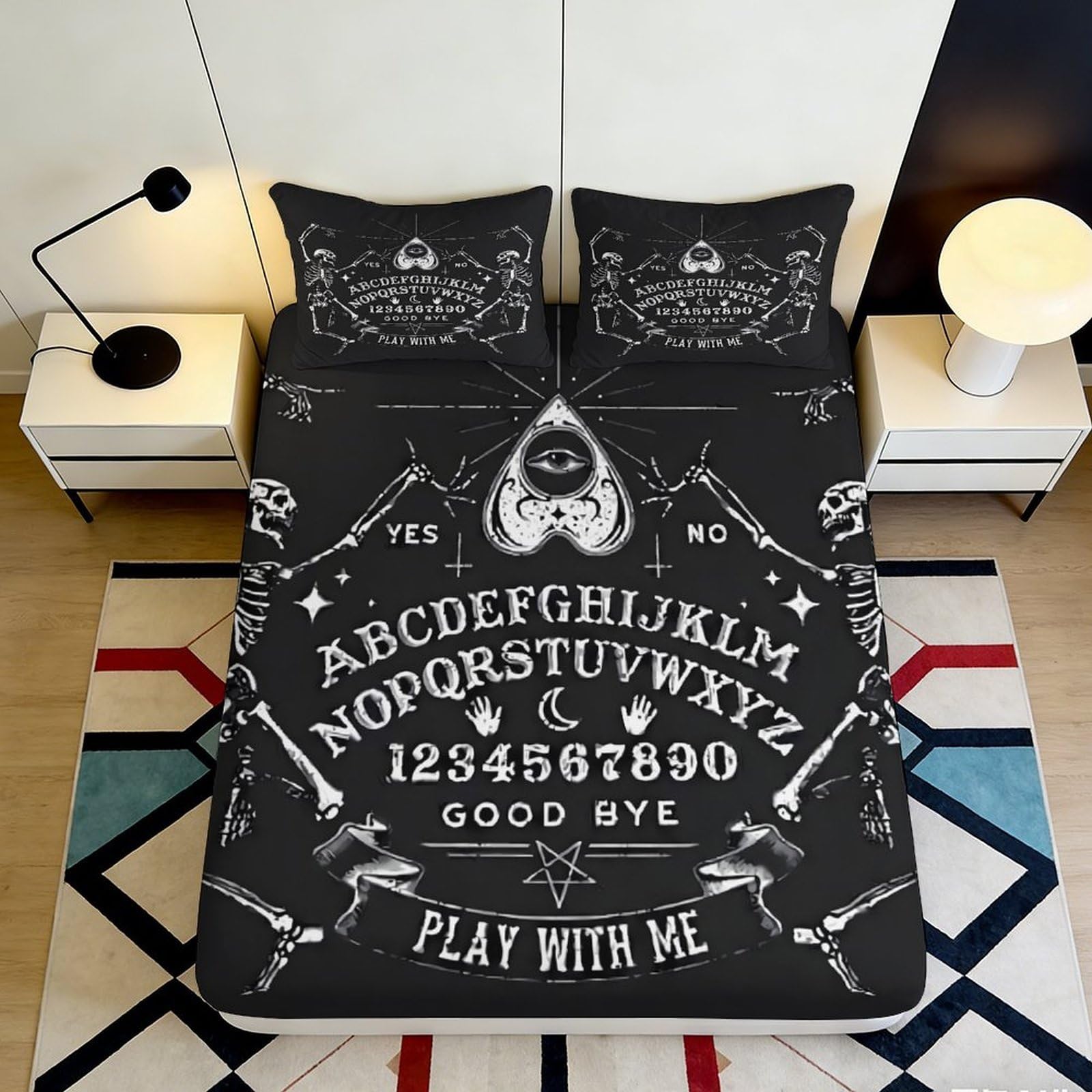 3D Printed Ouija Board Fitted Sheet Microfiber Skeleton Gothic Bed Cover for Bedroom Dorm Easy Care Decor 90x200x25cm